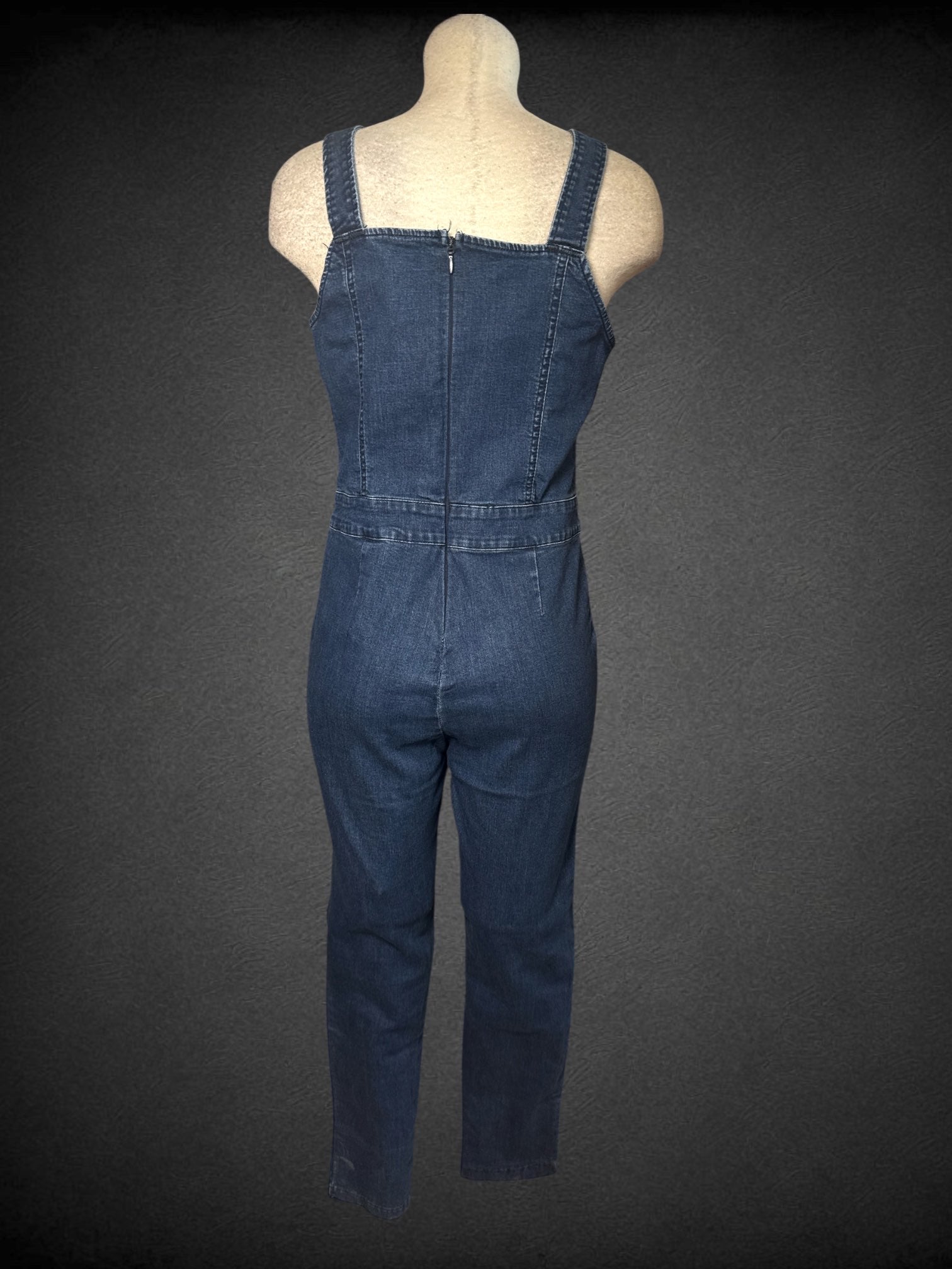 L Windsor denim sleeveless jumpsuit with sweetheart neckline and zipper on back