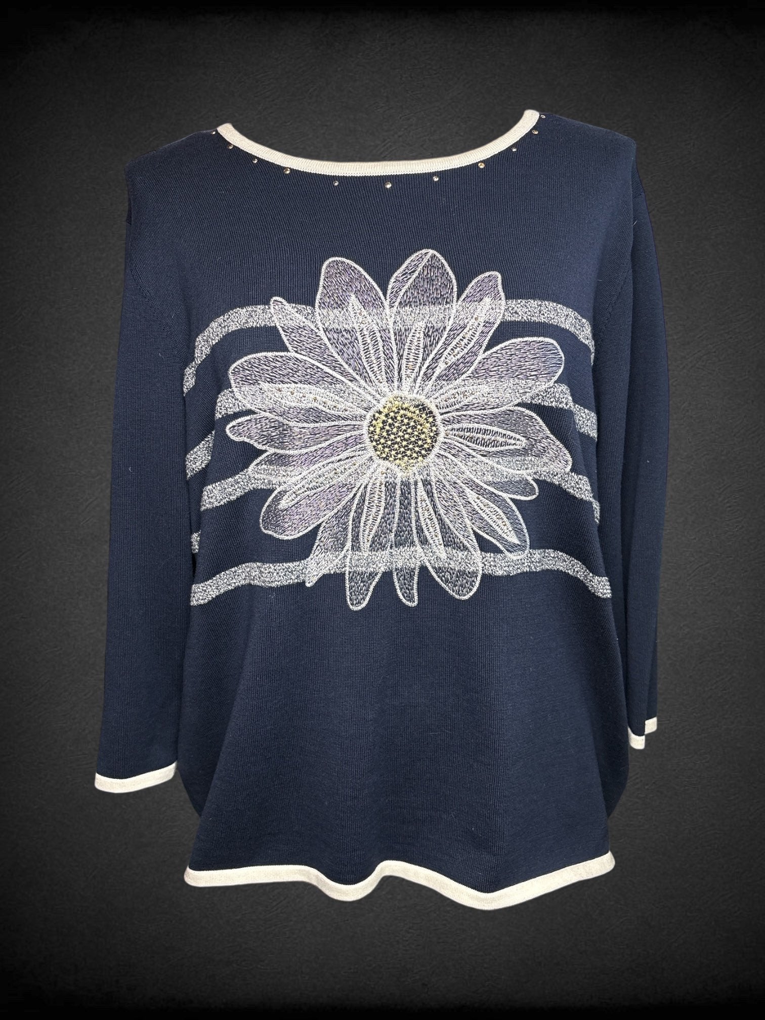 2X Vintage Alfred Dunner Navy Blue Long sleeve top with white and yellow daisy design gold toned rhinestones