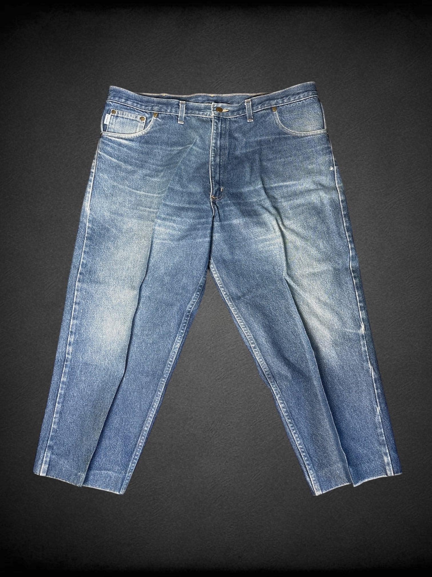 1X vintage Carhartt denim pants with front starched pleat