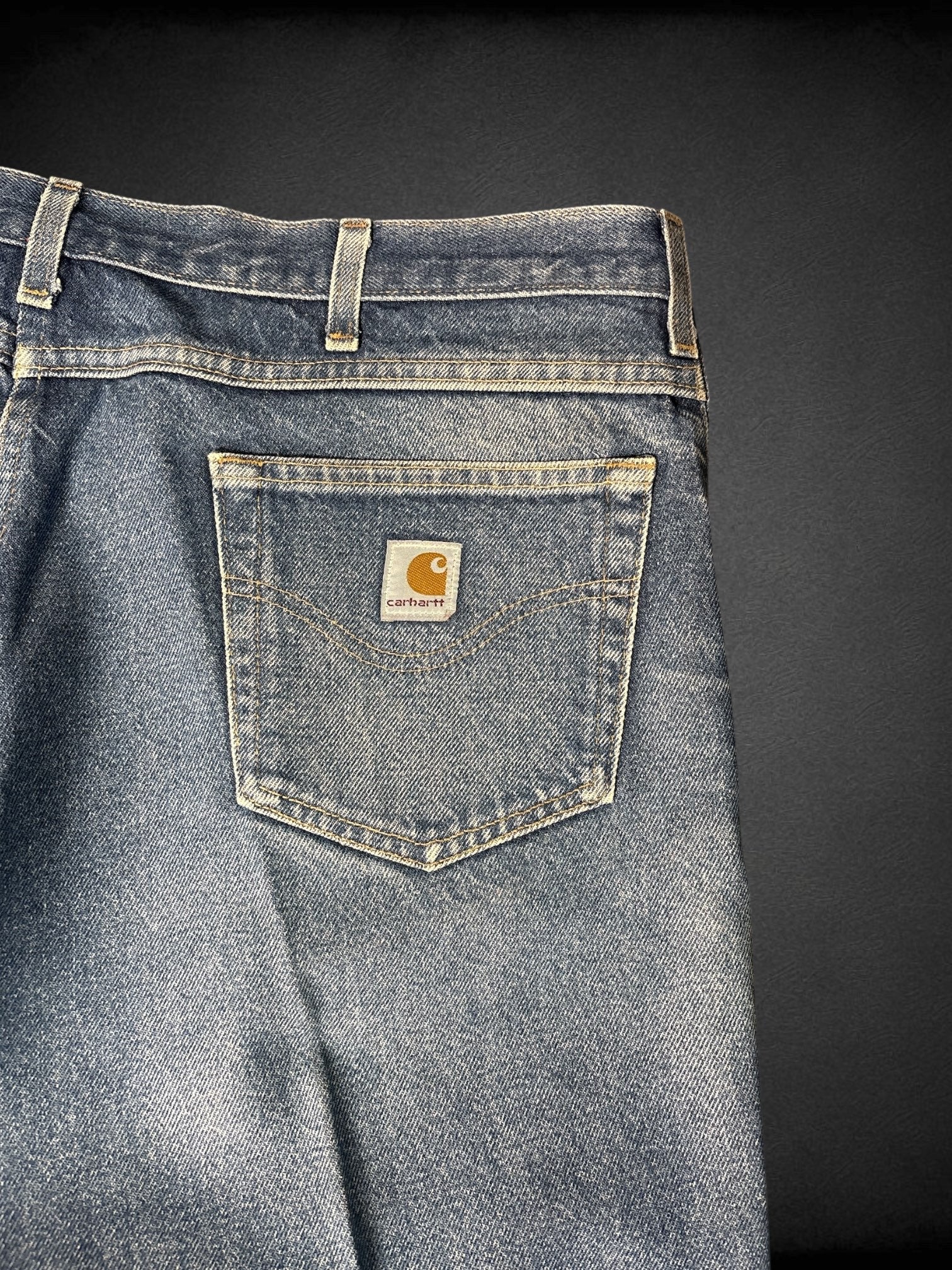 1X vintage Carhartt denim pants with front starched pleat