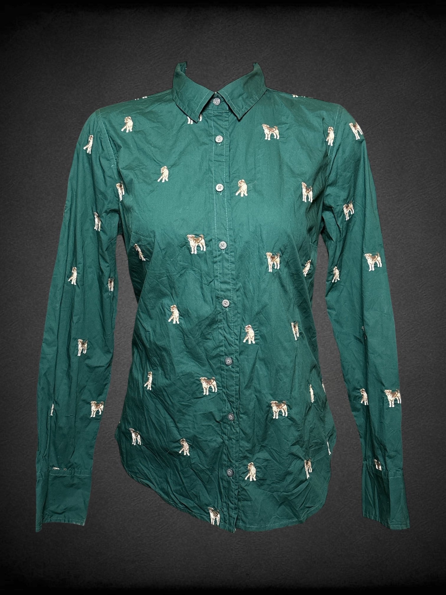 S J.Crew Puppy Pattern green button up