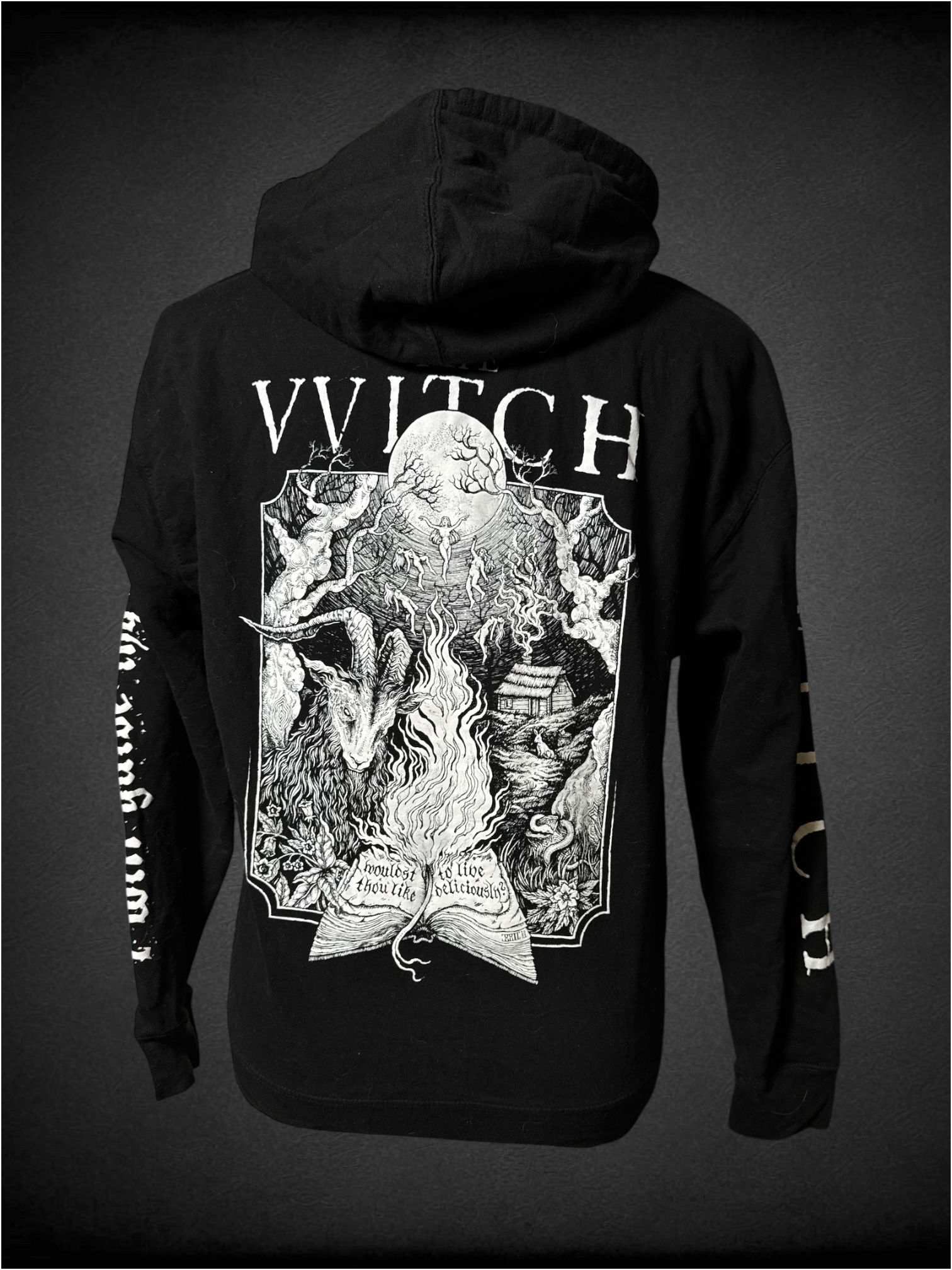 XL CreepORama black hoodie with white witchy designs