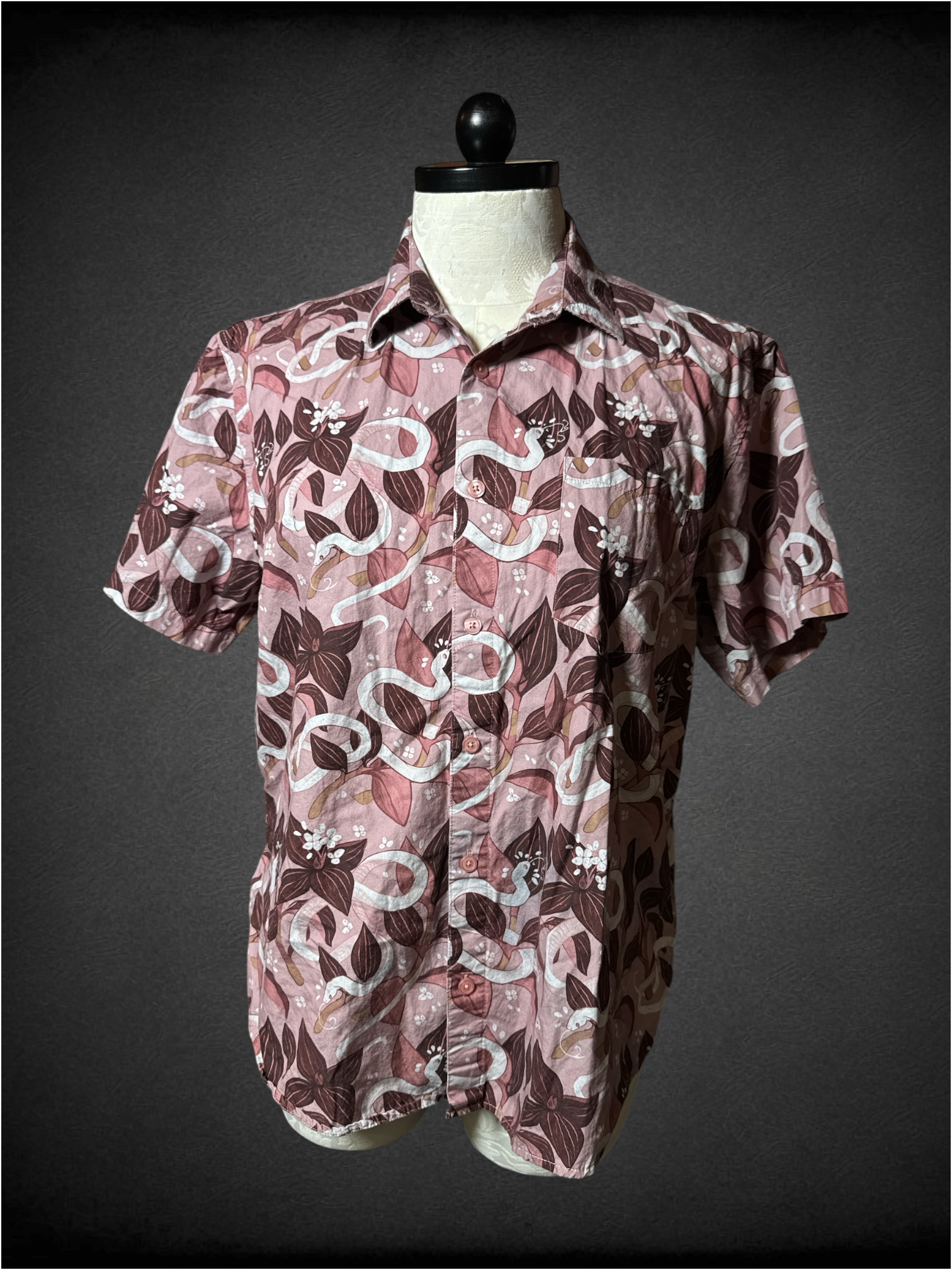 1X Morning Witch pink and brown floral button down with snakes