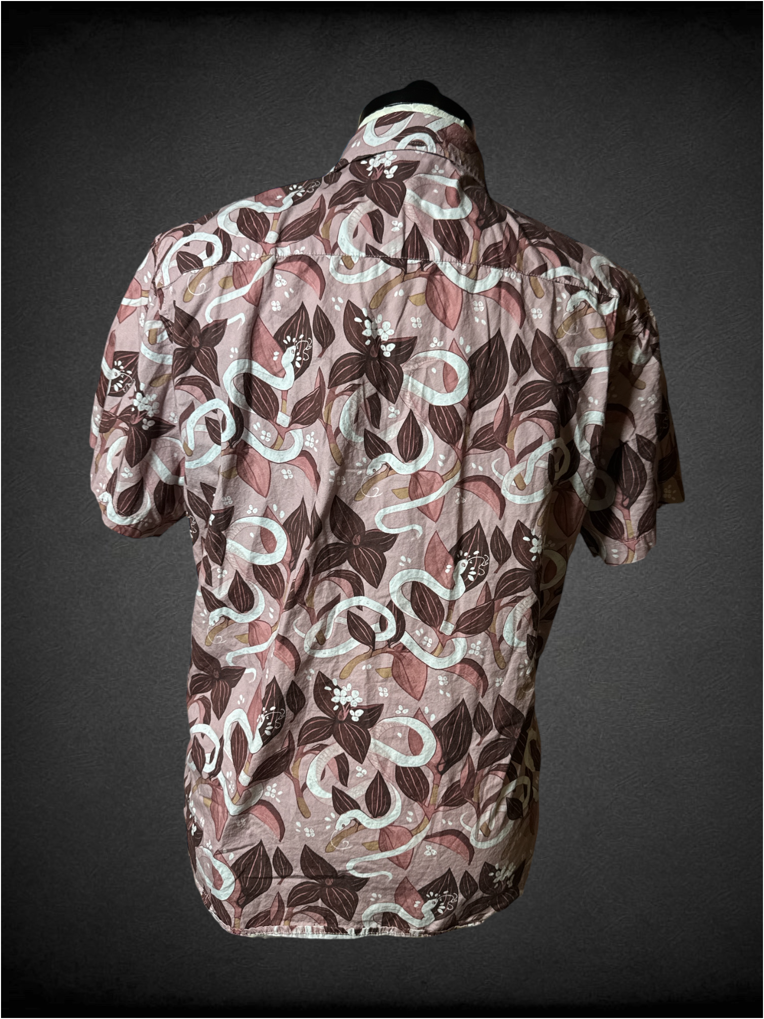 1X Morning Witch pink and brown floral button down with snakes