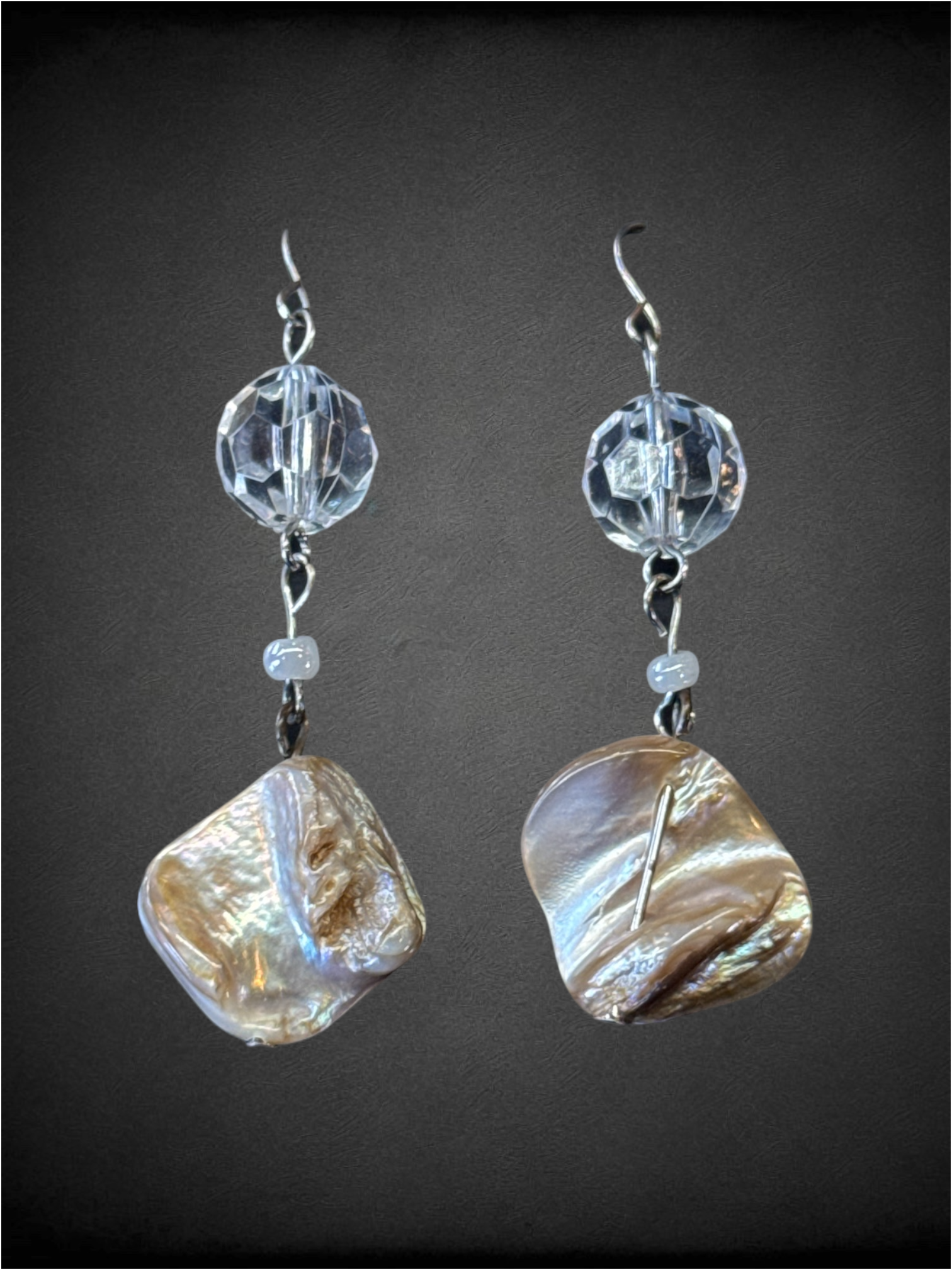 Silver tone shell & clear glass bead drop earrings