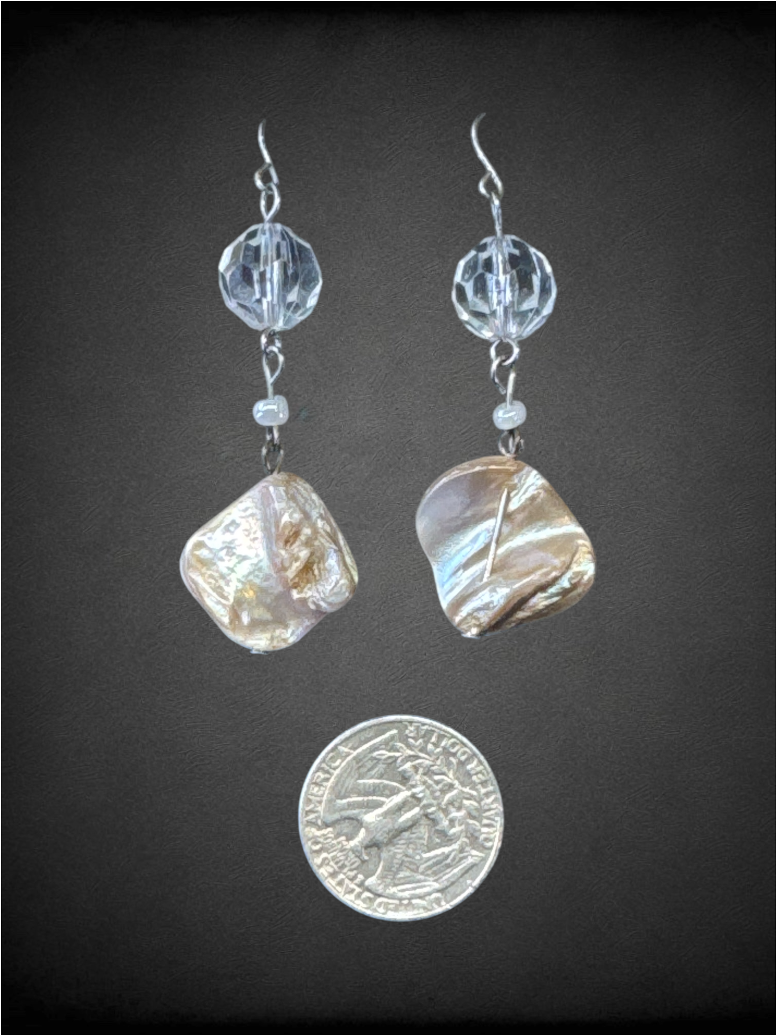 Silver tone shell & clear glass bead drop earrings