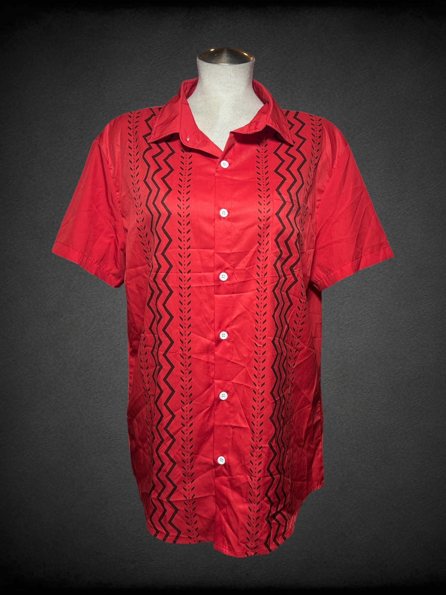 L MANFINITY red short sleeve button up shirt with black tire tread-mark design and  front pocket