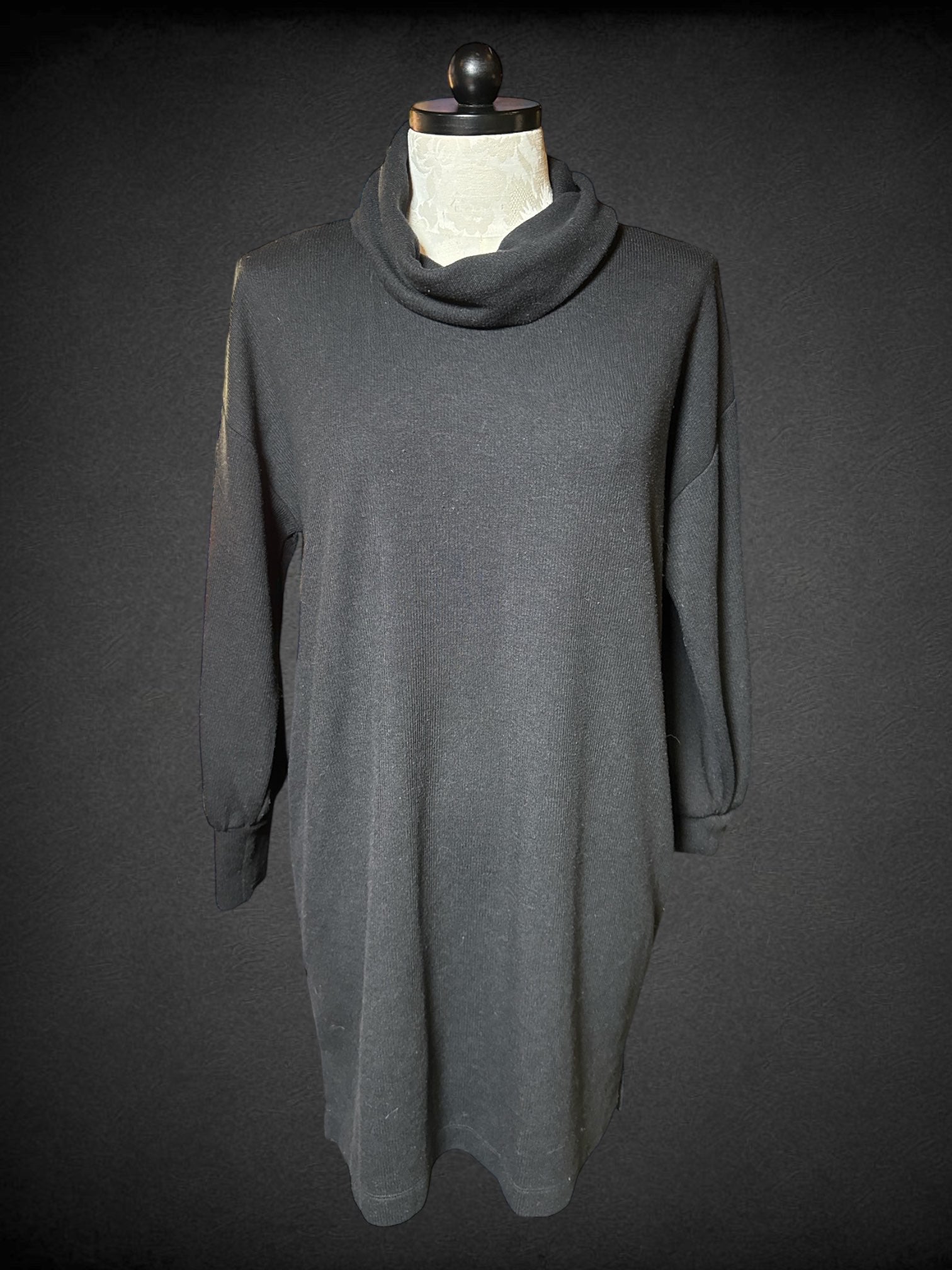 2X Mime Britton black long sleeve sweater dress with cowl neck, and cuffed sleeves