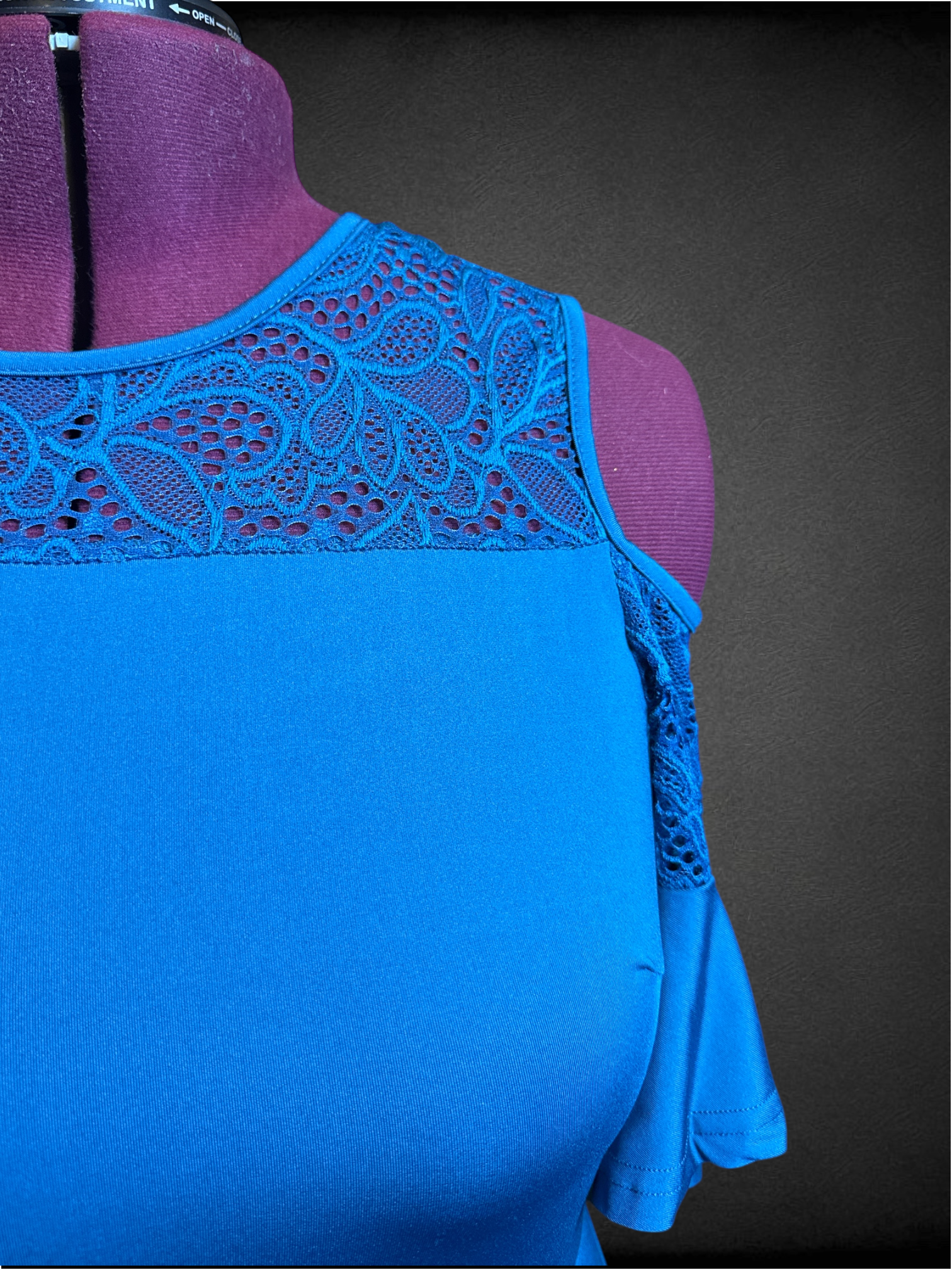 3X blue high low dress with cold shoulders, lace chest, and lace hem