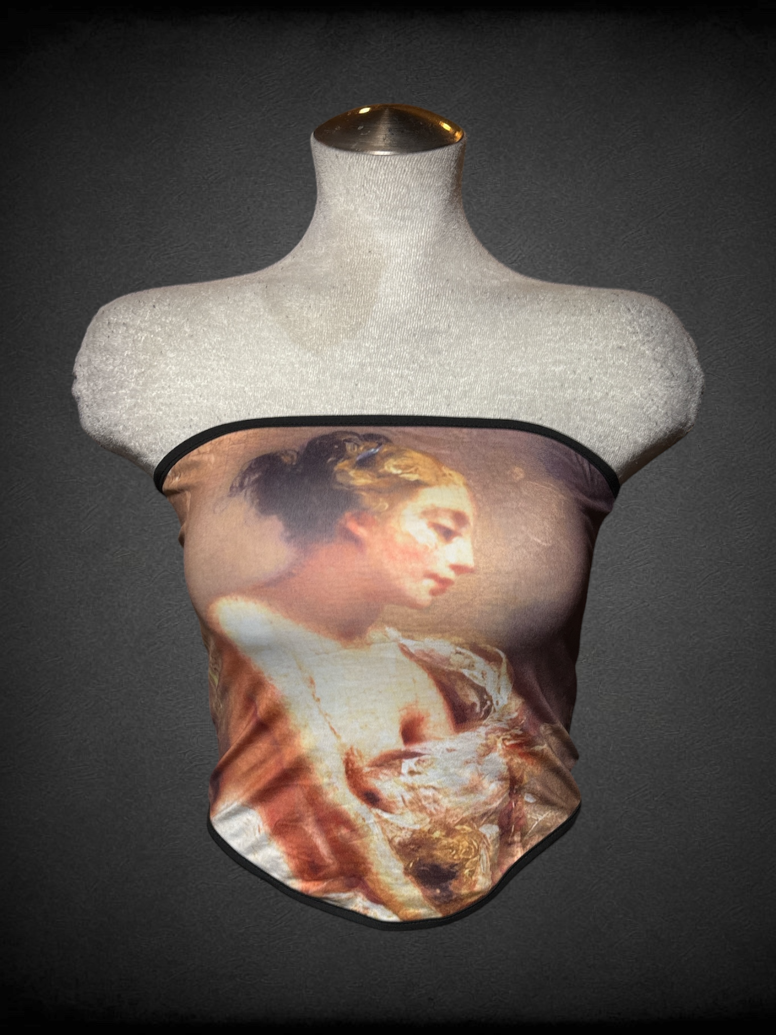 M black cropped tube-top with graphic of oil painting