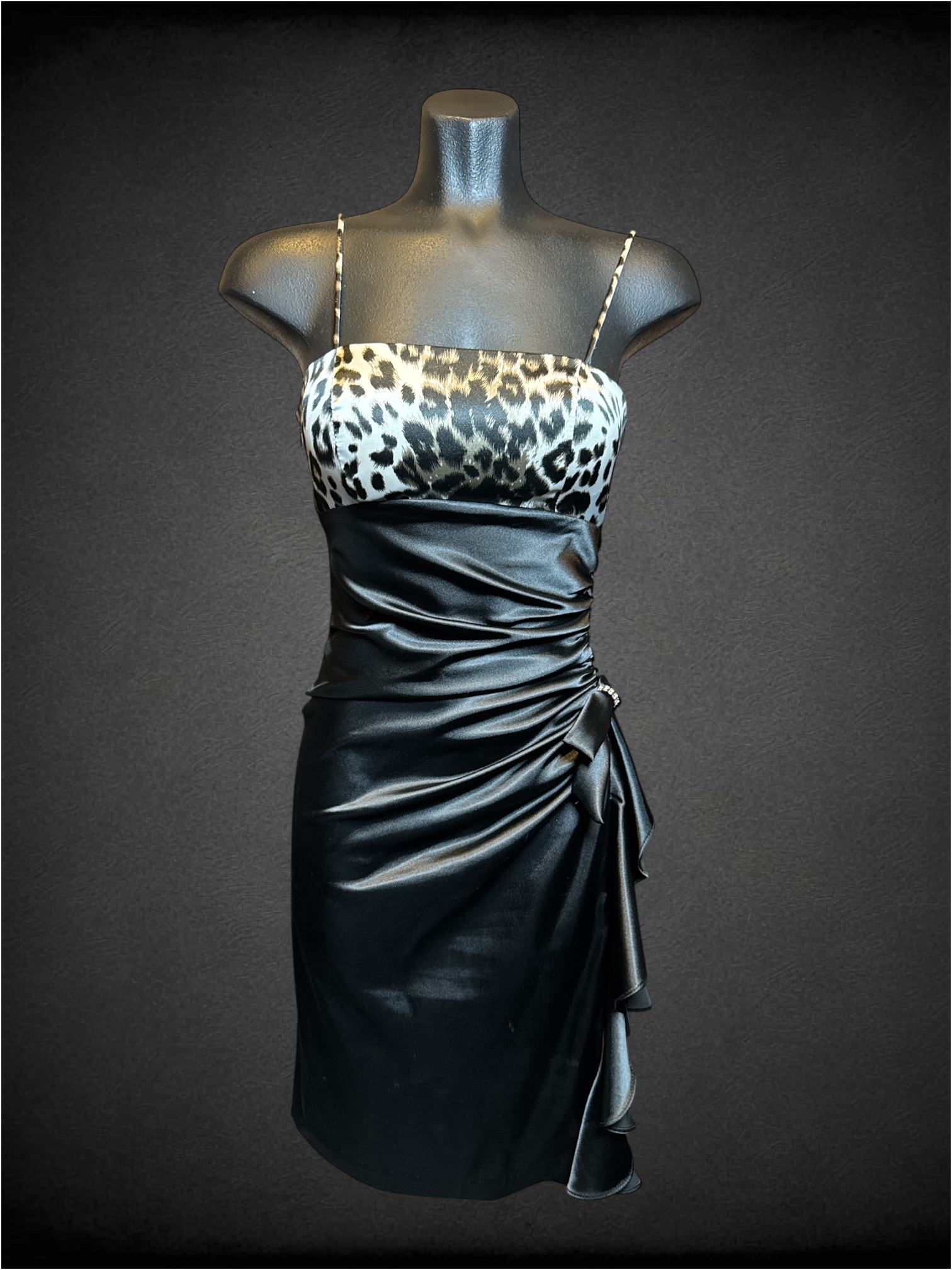 XS Blondie Nites by Stacy Sklar vintage black dress with animal print chest and bow ruching detail