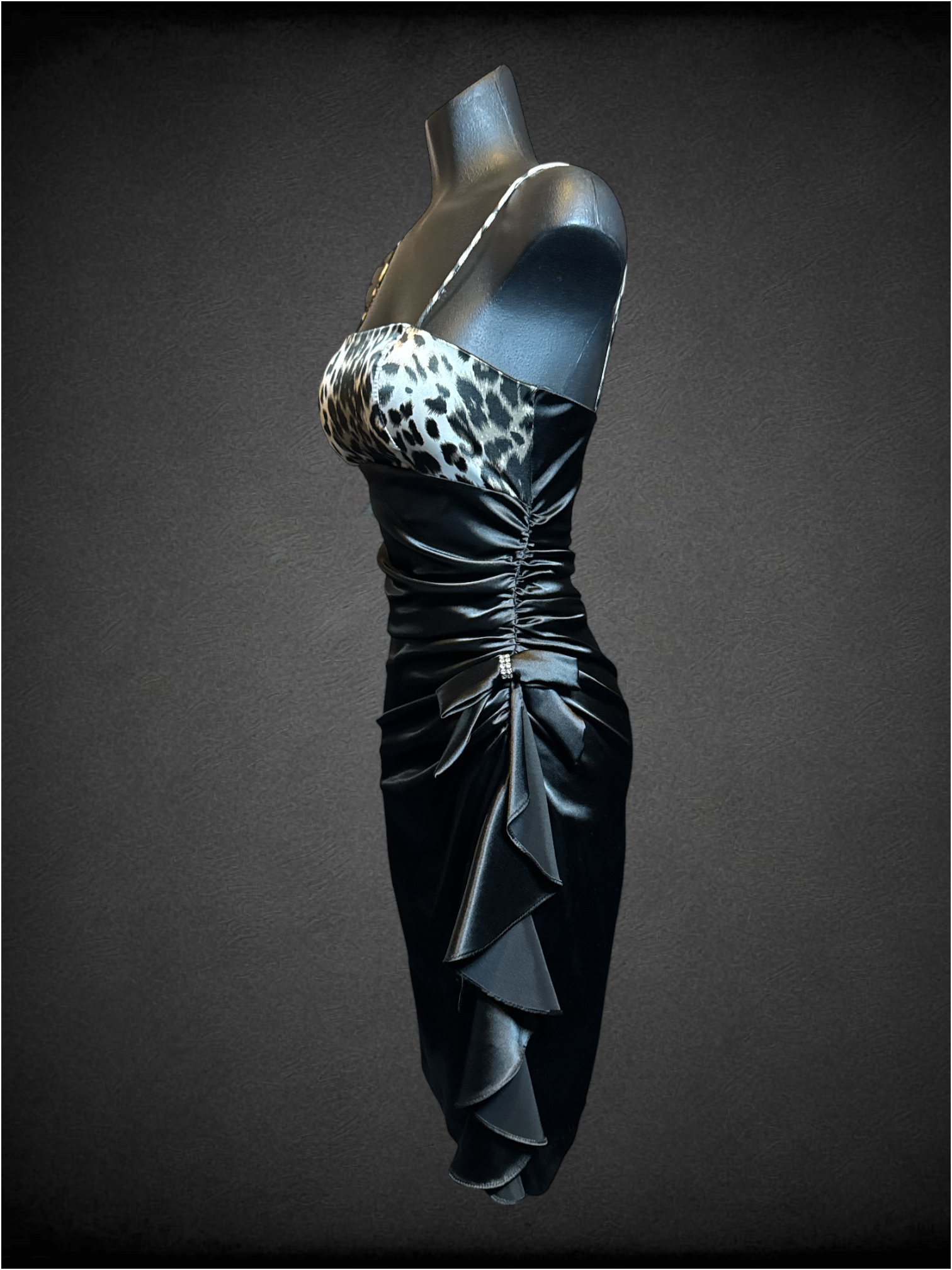 XS Blondie Nites by Stacy Sklar vintage black dress with animal print chest and bow ruching detail