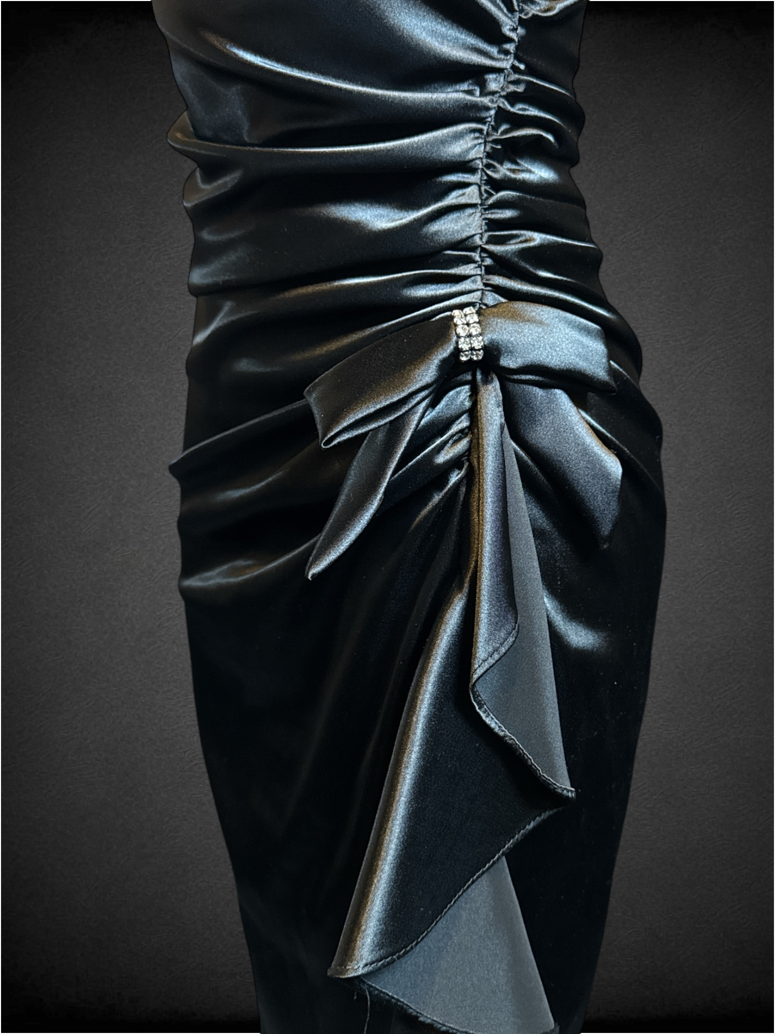 XS Blondie Nites by Stacy Sklar vintage black dress with animal print chest and bow ruching detail