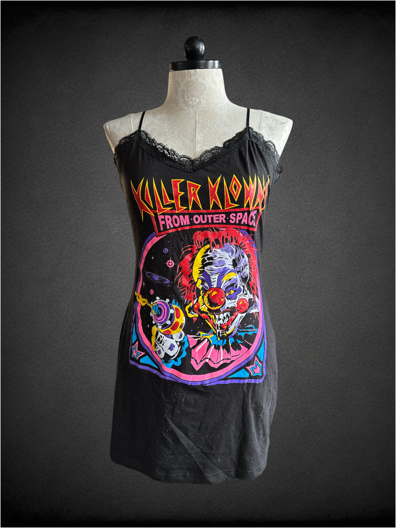 2X Eye Candy “Killer Klowns from Outer Space” dress with lace trim