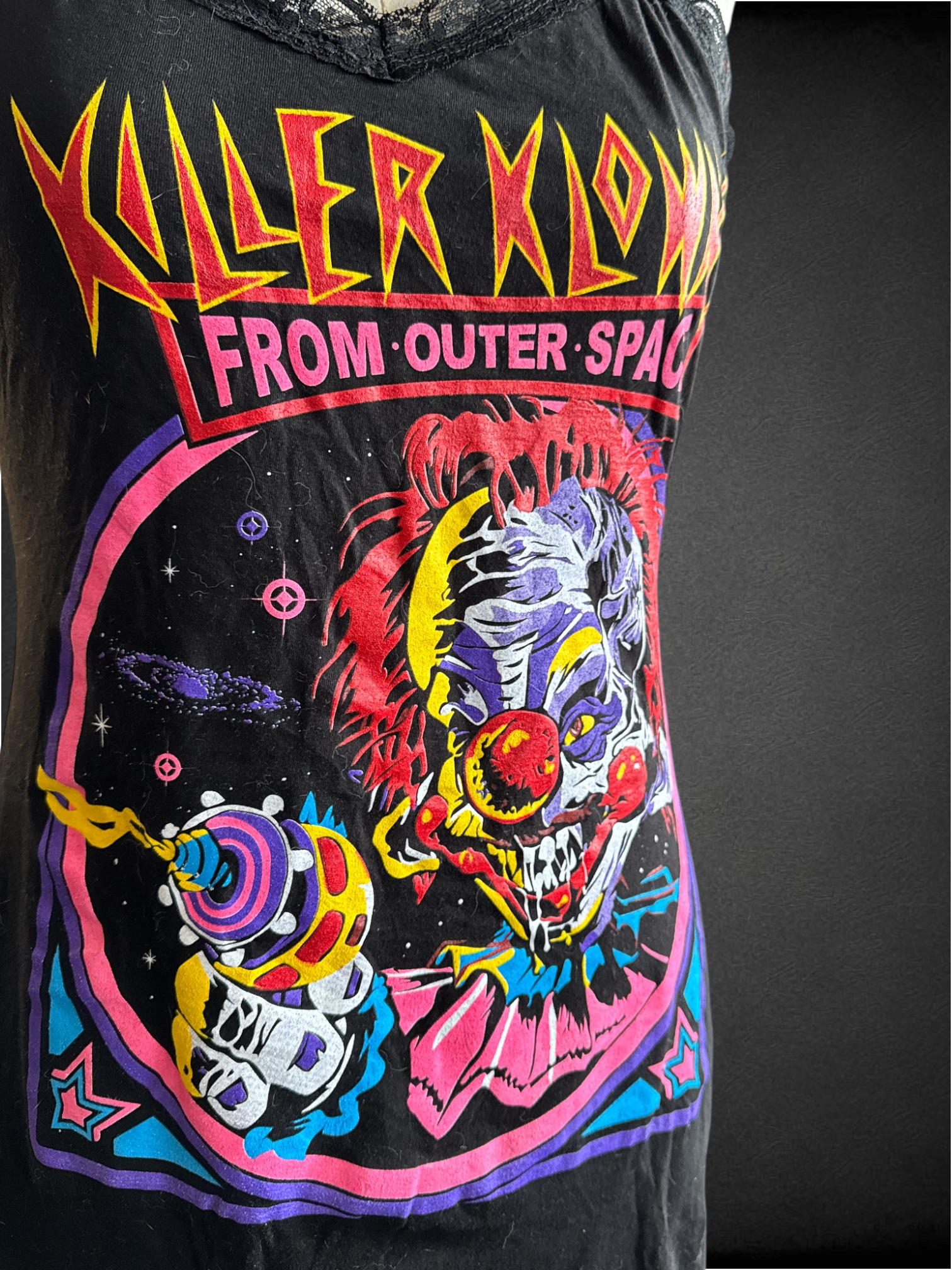 2X Eye Candy “Killer Klowns from Outer Space” dress with lace trim