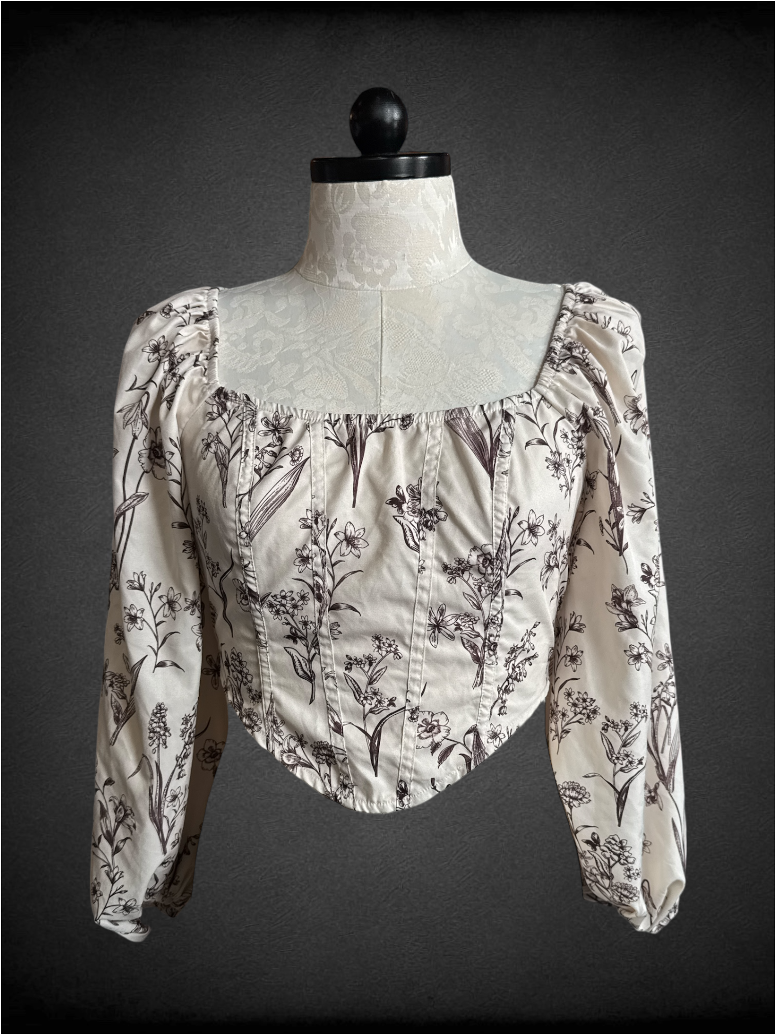 XL cream and brown floral corset like top with smocked back