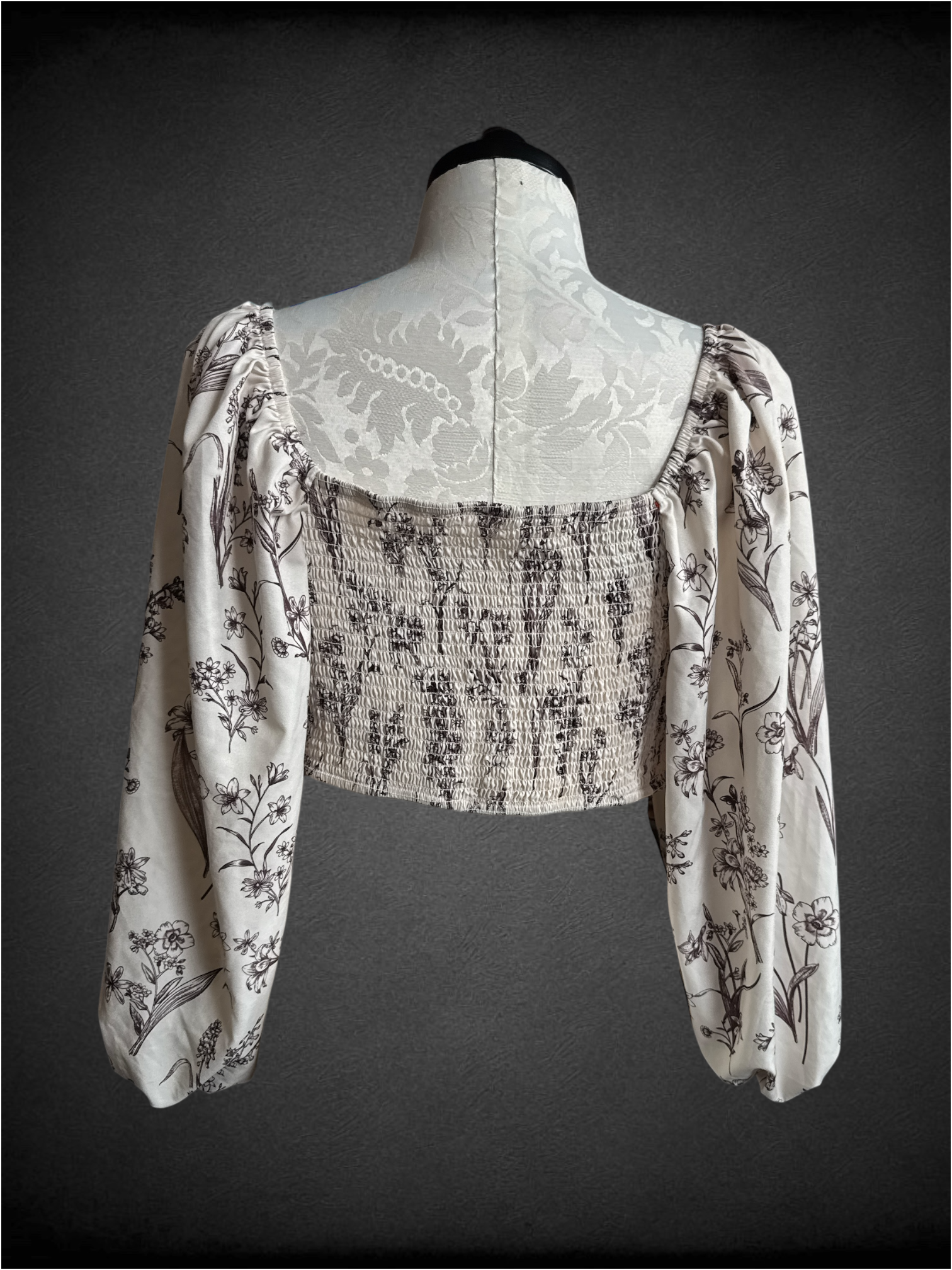 XL cream and brown floral corset like top with smocked back