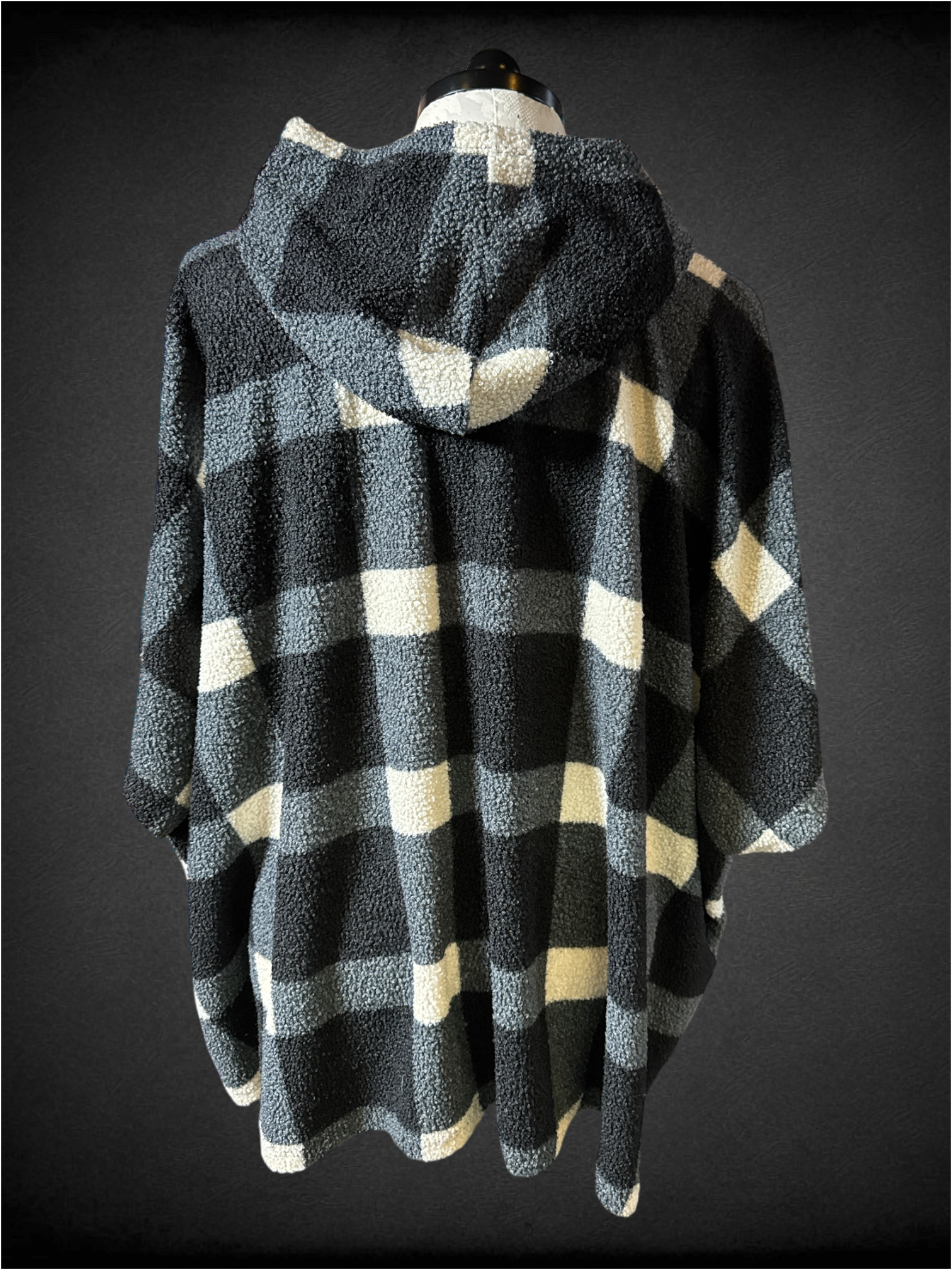5X black and white plaid poncho hoodie with arm holes