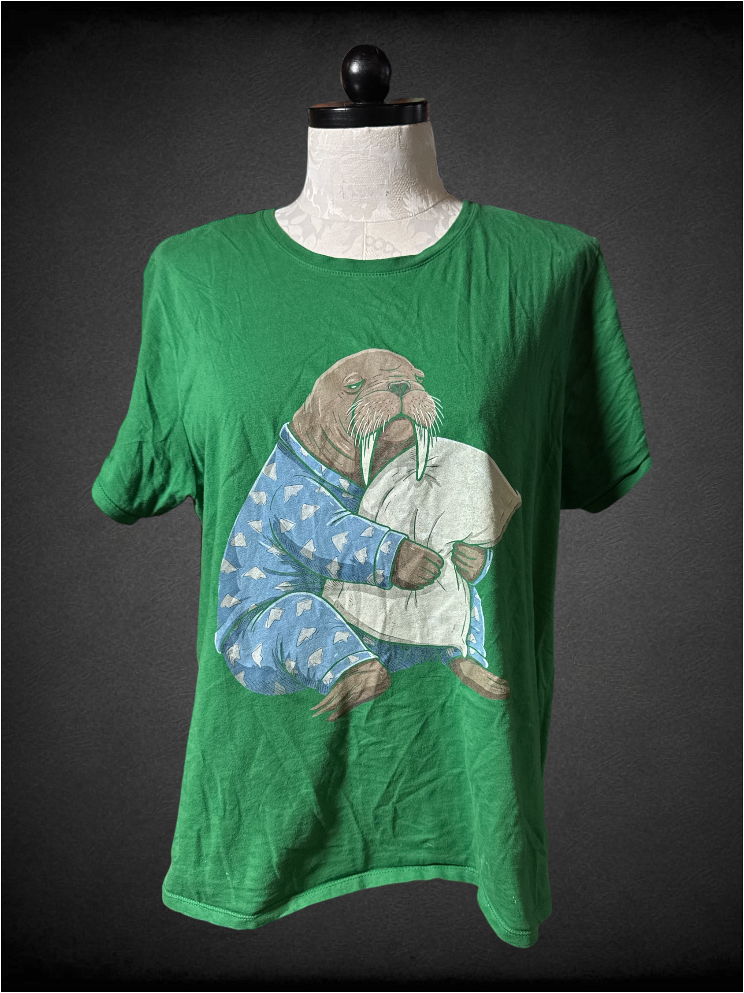 2X Green t-shirt with sleepy walrus design