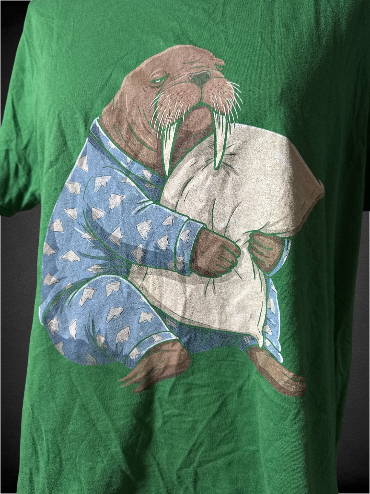 2X Green t-shirt with sleepy walrus design