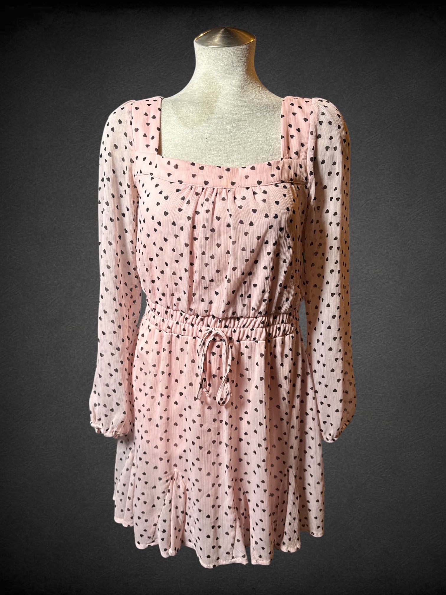 M Mi Ami pink long sleeve dress with black heart polka dots, elastic waist, and faux drawstring