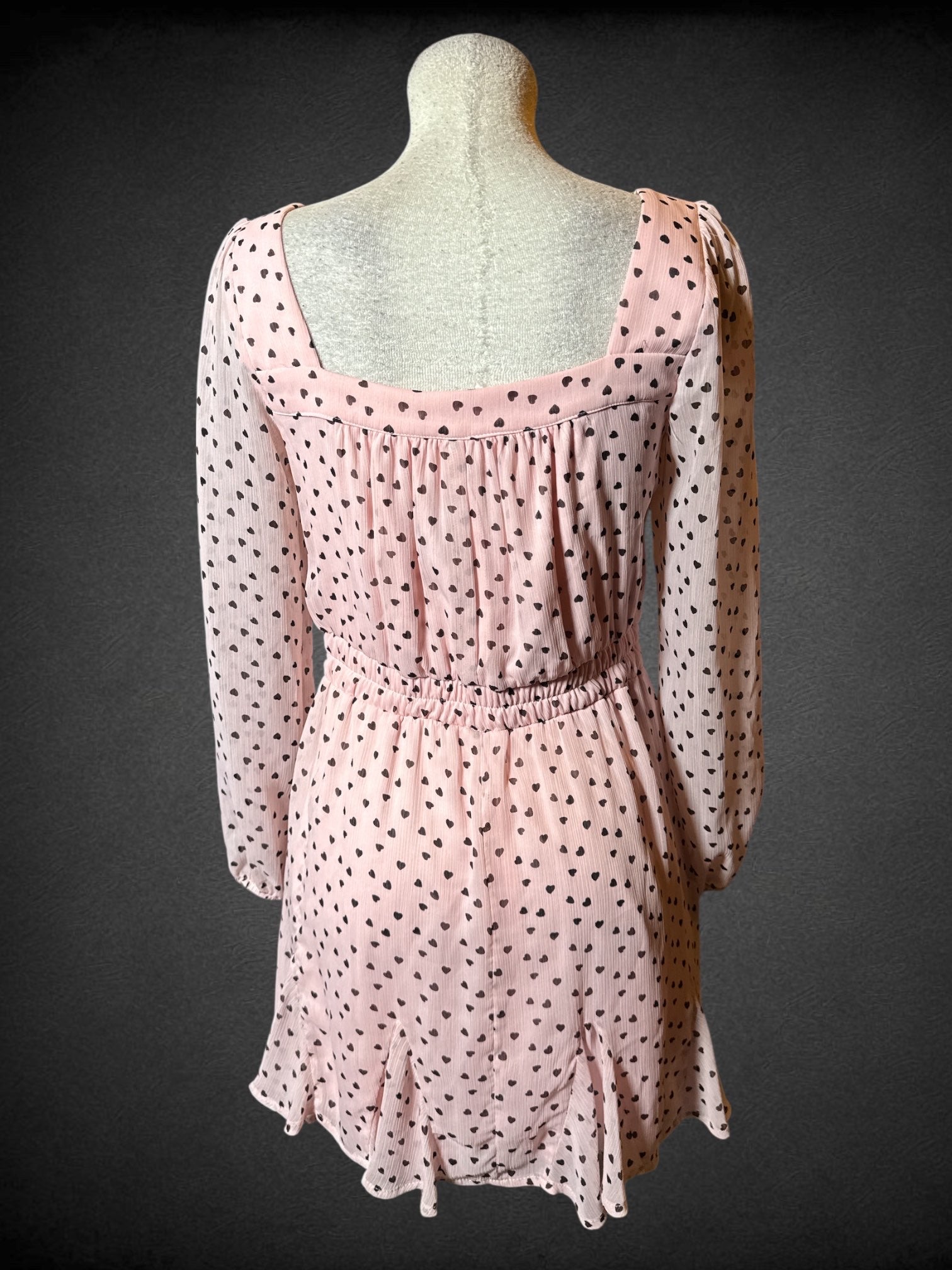 M Mi Ami pink long sleeve dress with black heart polka dots, elastic waist, and faux drawstring