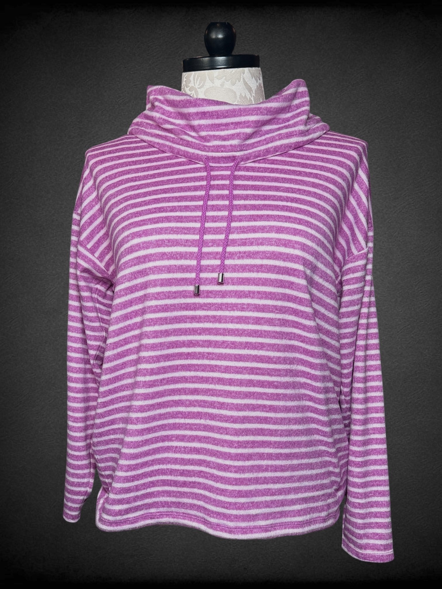 2X JONES NEW YORK soft fuchsia and white striped cowl neck sweater with drawstring
