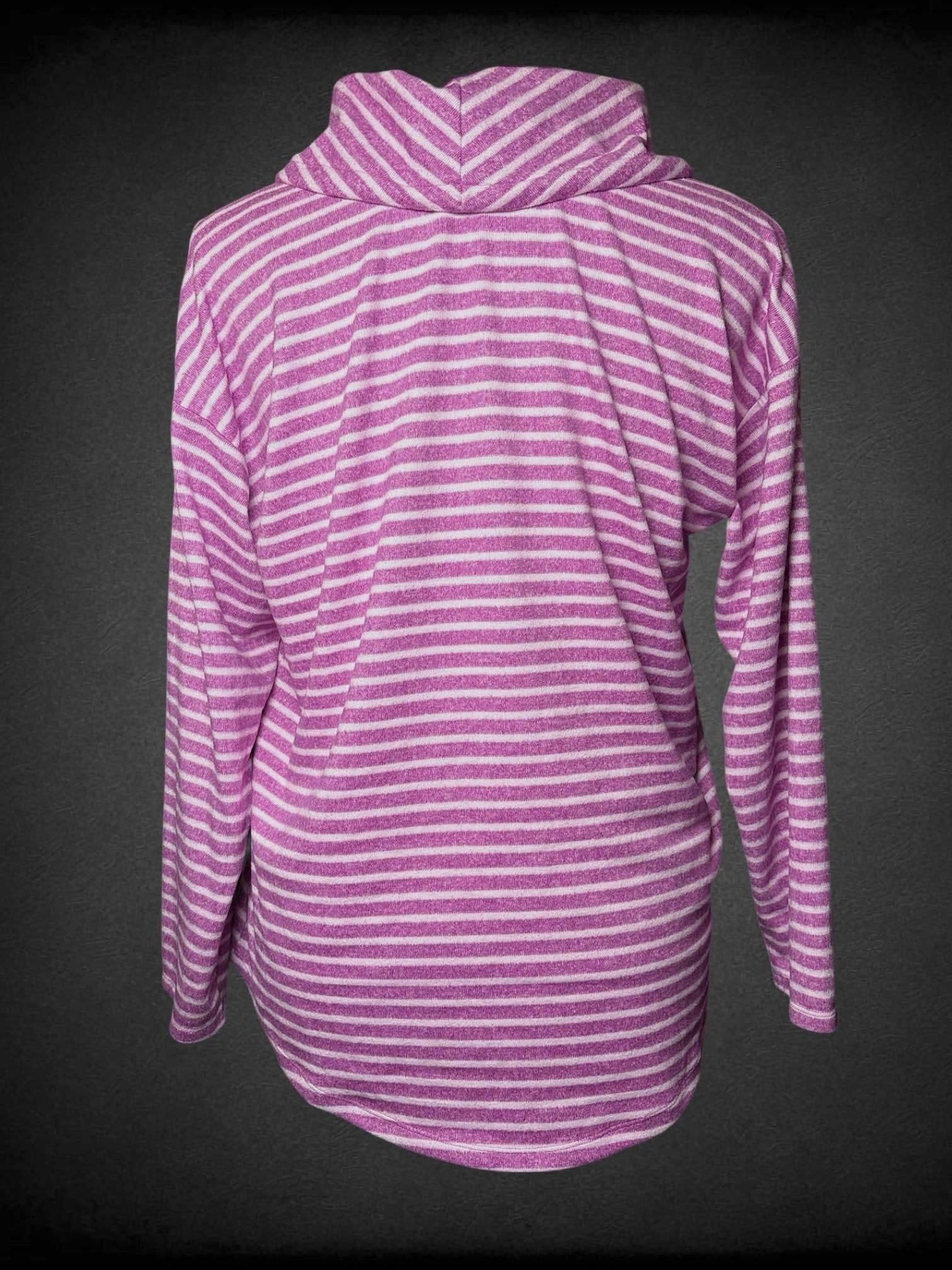 2X JONES NEW YORK soft fuchsia and white striped cowl neck sweater with drawstring