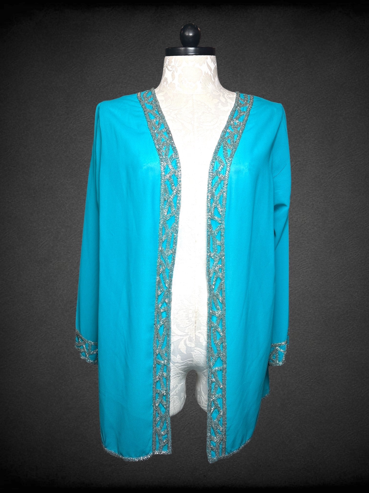 2X NWT Vintage MIDNIGHT VELVET vintage cyan chiffon jacket hand beaded along trim