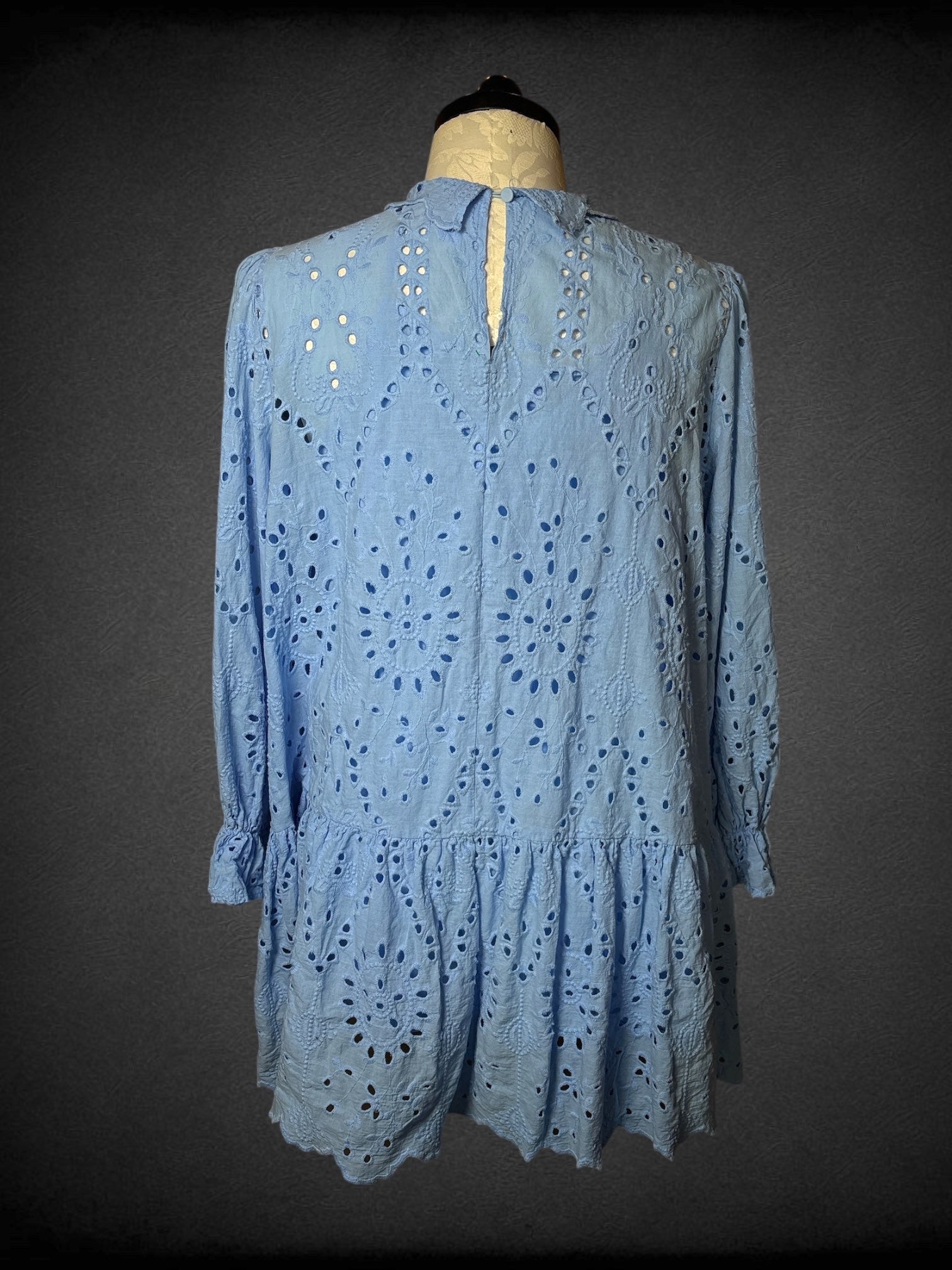 2X YMI Collections O2X ELOQUII light blue dress with floral embroidery, cutouts, puff sleeves with elastic wrists, matching slip, and scalloped collar with back button closurerange sparkly fishnet crop top (Copy)