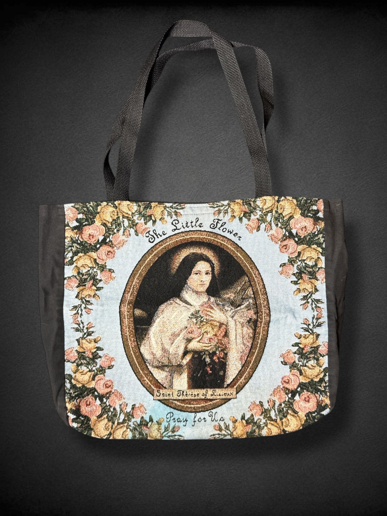 19”x14” Black and Blue Saint Therese embroidered tote with Florals