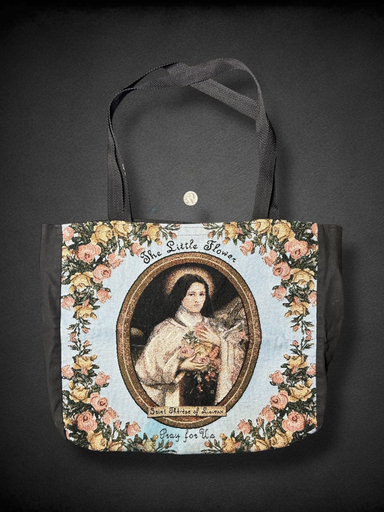 19”x14” Black and Blue Saint Therese embroidered tote with Florals