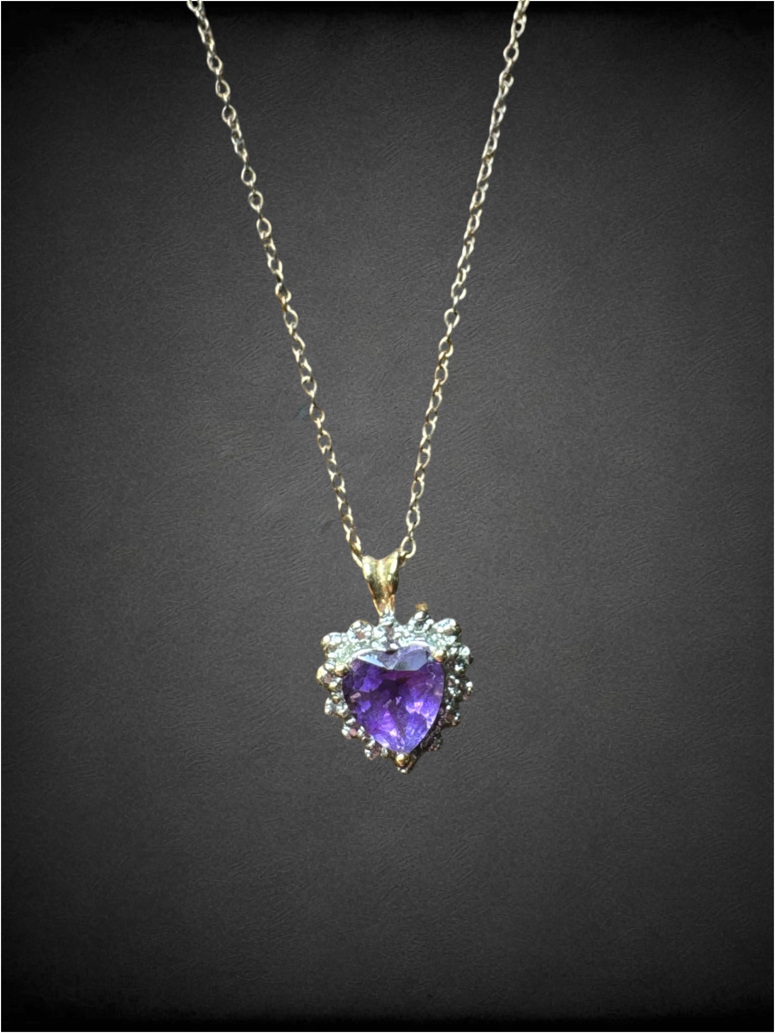 Vintage 925 Sterling Amethyst Heart necklace with Italian Sterling chain and halo setting