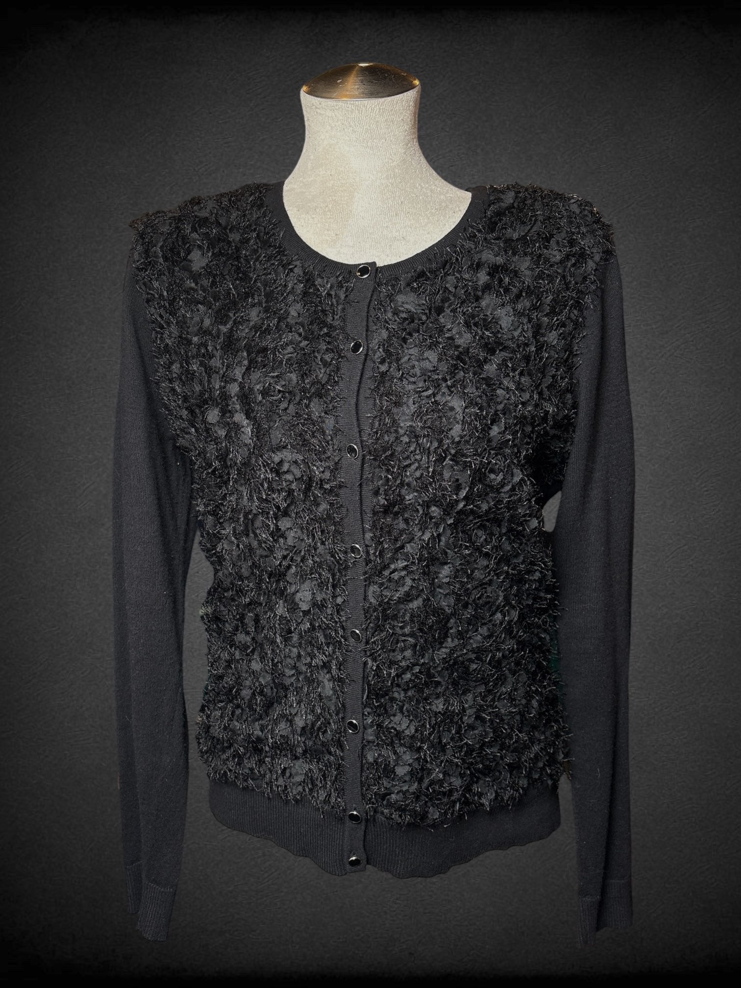 L NEW YORK & COMPANY black button up sweater with black 3D flowers and faux fur on front