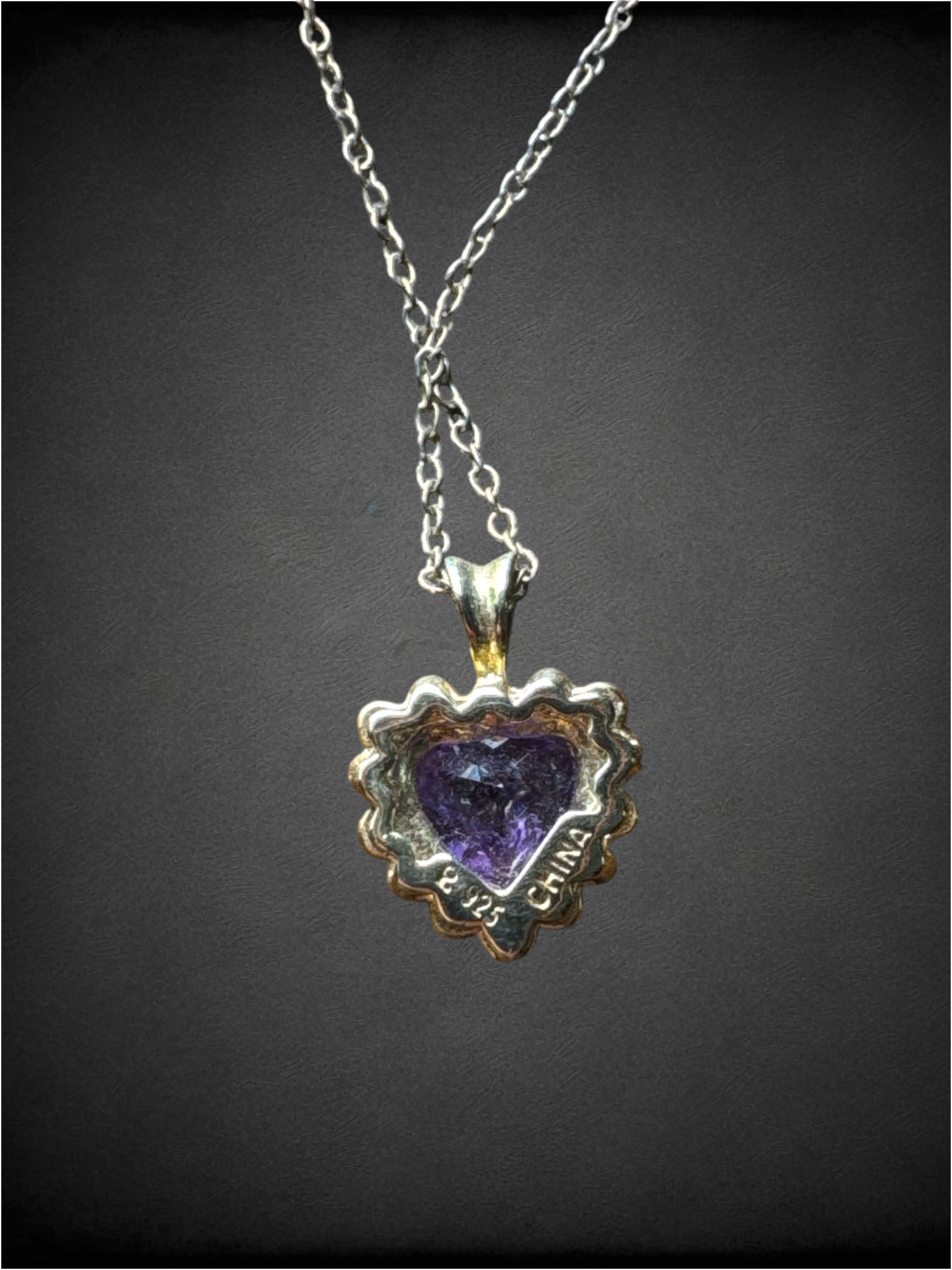 Vintage 925 Sterling Amethyst Heart necklace with Italian Sterling chain and halo setting