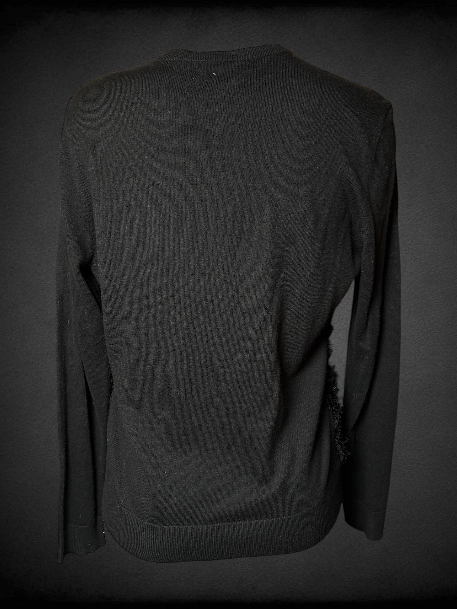 L NEW YORK & COMPANY black button up sweater with black 3D flowers and faux fur on front