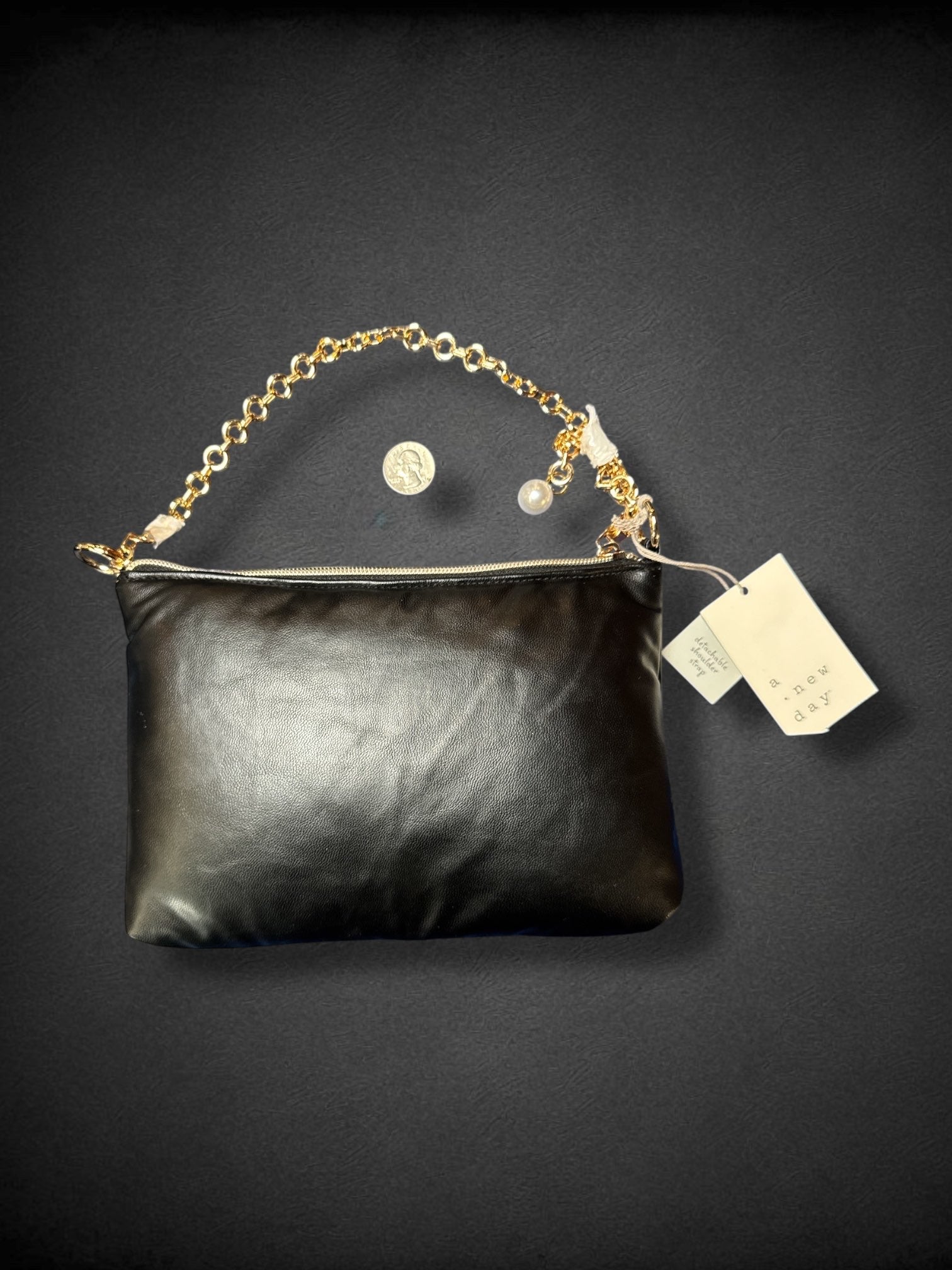 A New Day NWT 8”x5” Black Faux Leather Purse with gold toned zipper and detachable shoulder chain