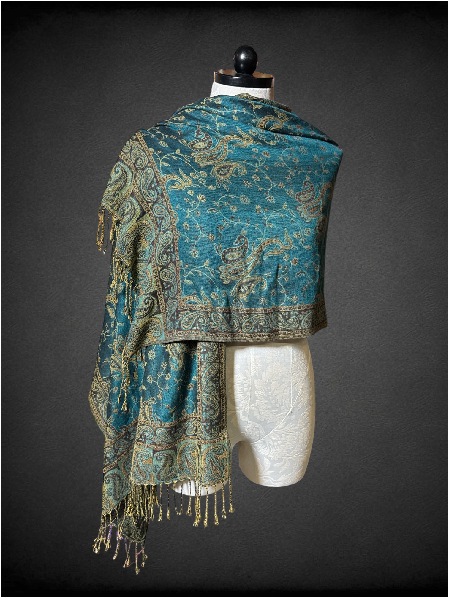 Teal pashmina scarf with tassels