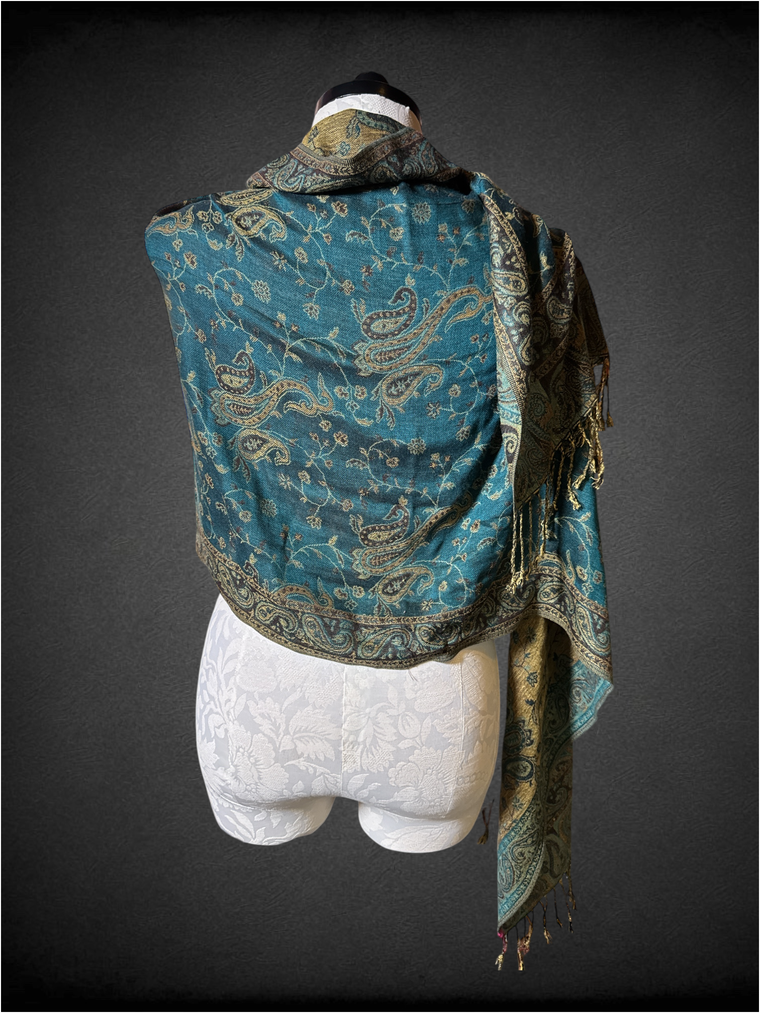 Teal pashmina scarf with tassels