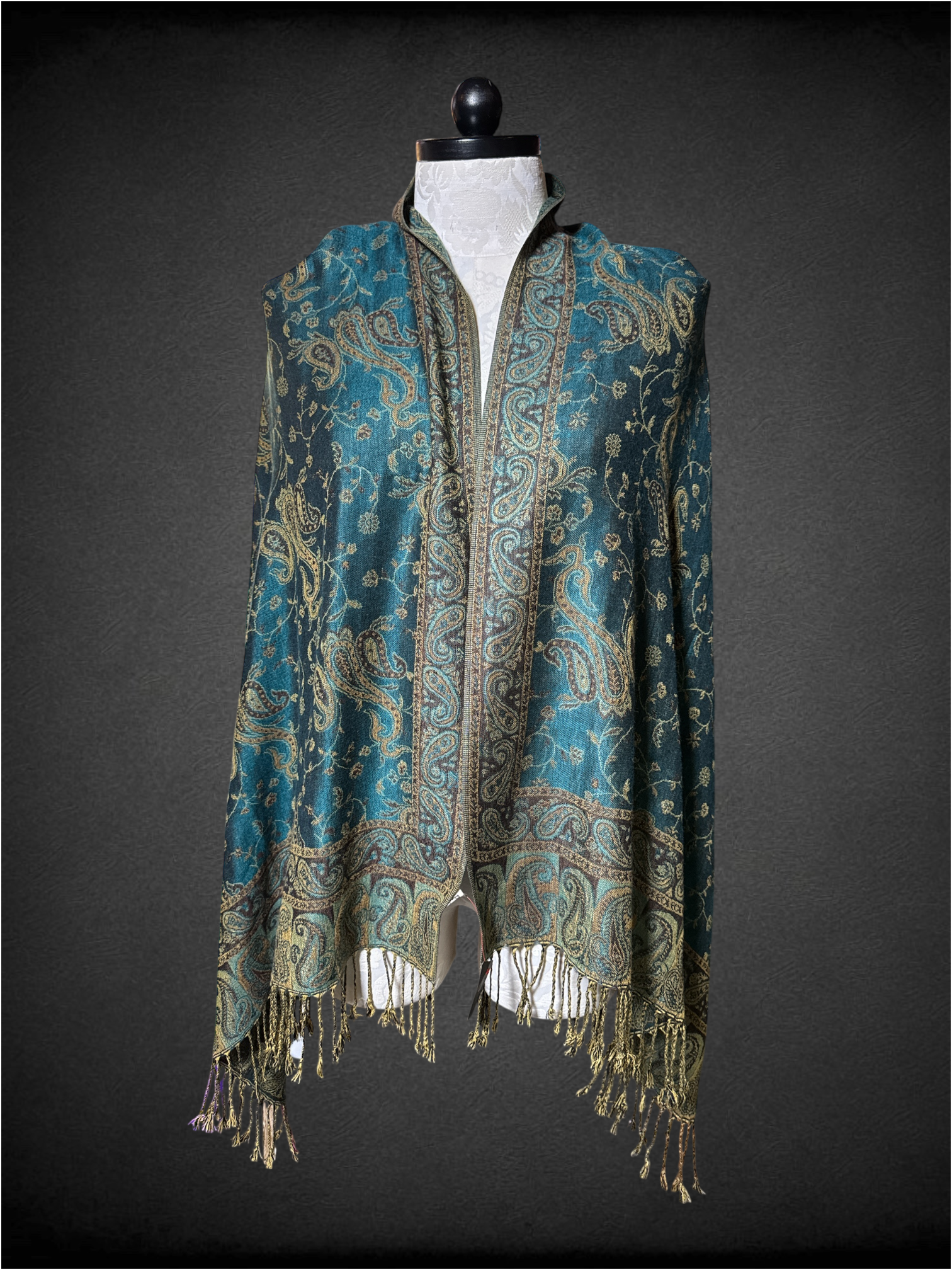 Teal pashmina scarf with tassels