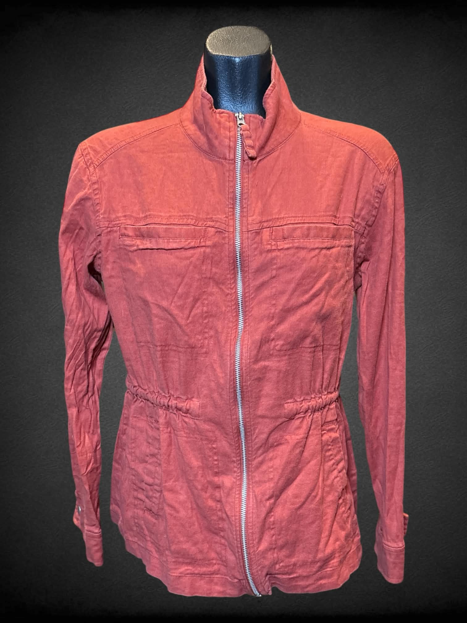S 32 Cool burnt orange long sleeve dress zip up jacket with pockets, and elastic waistband