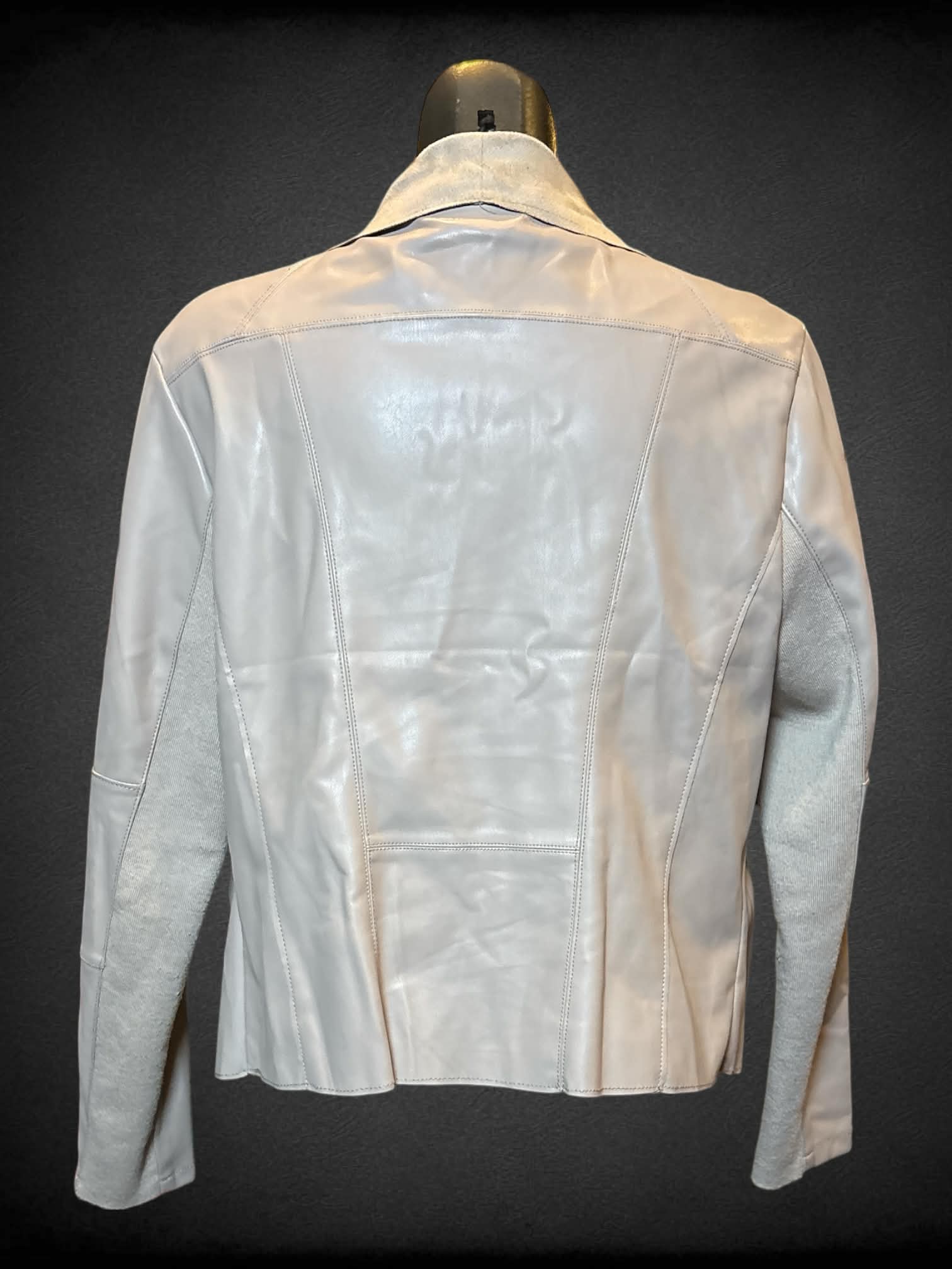 L Escalier beige pleather jacket with zipper pockets, and suede-like collar and inside