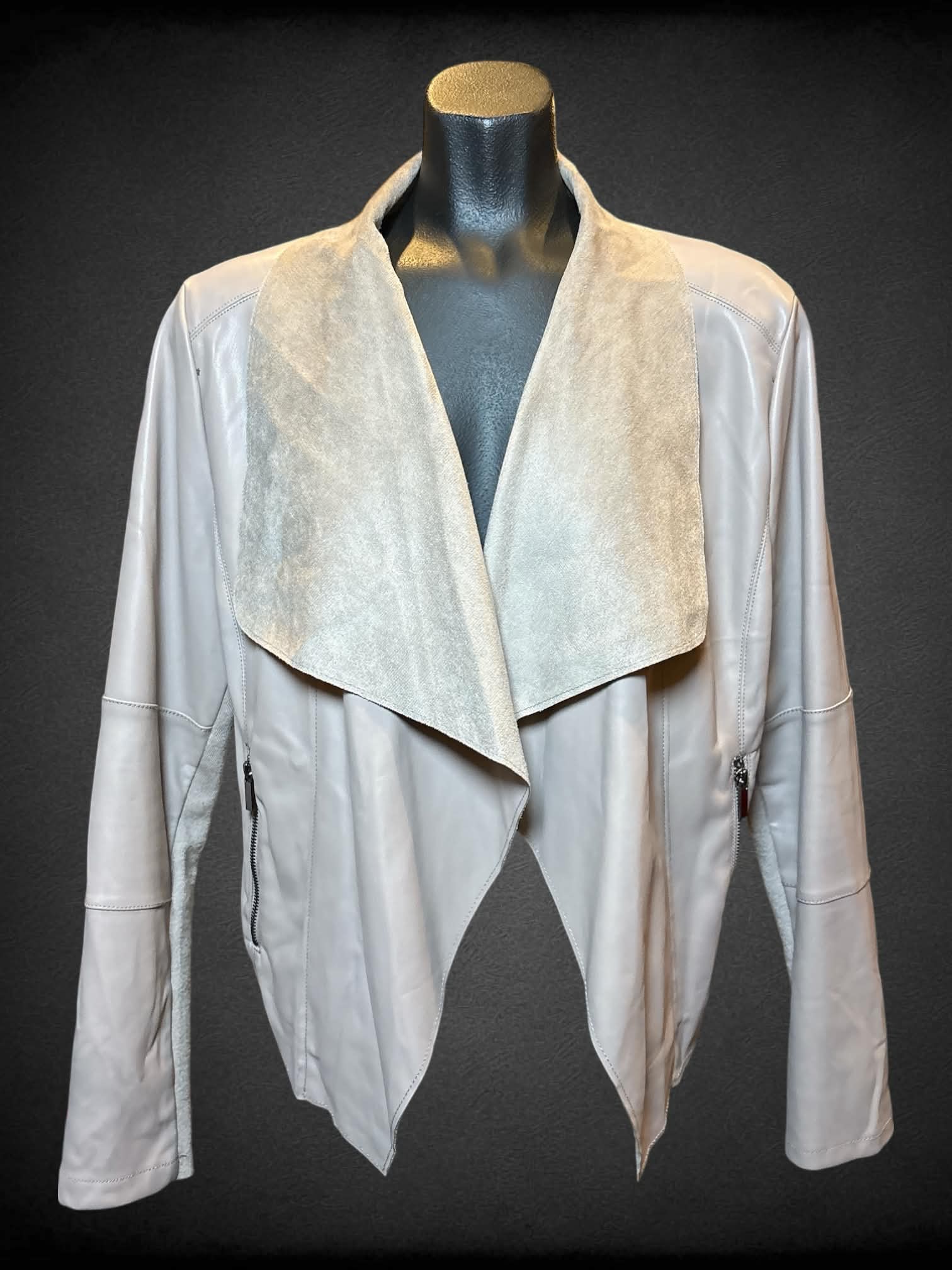 L Escalier beige pleather jacket with zipper pockets, and suede-like collar and inside