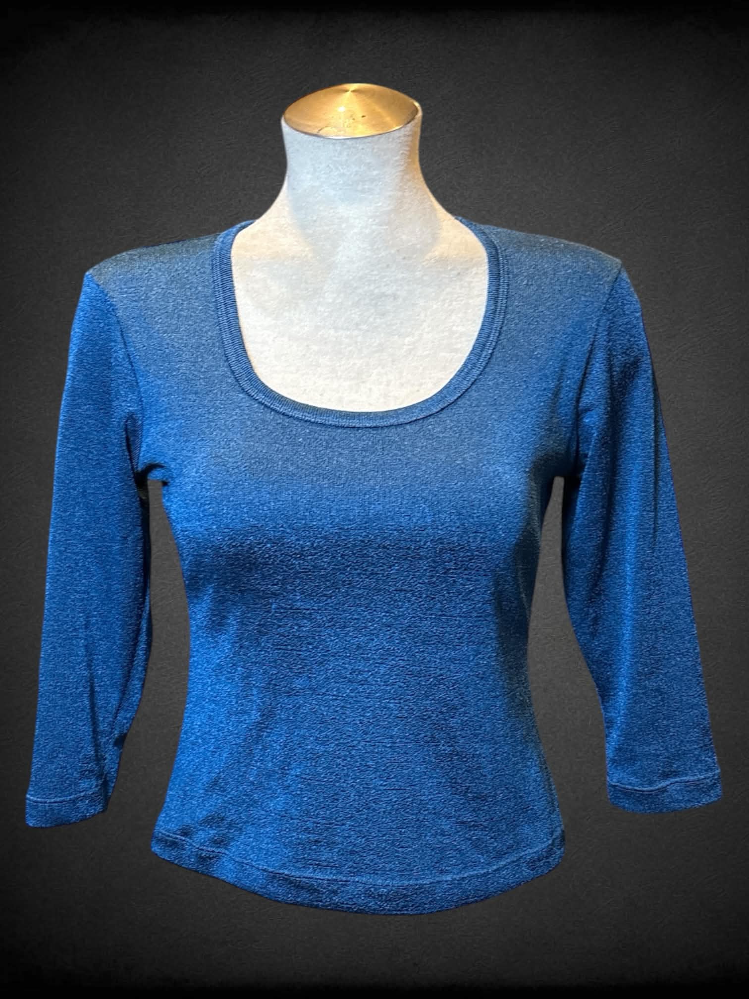 L Voice vintage blue metallic half sleeve stretchy knit top