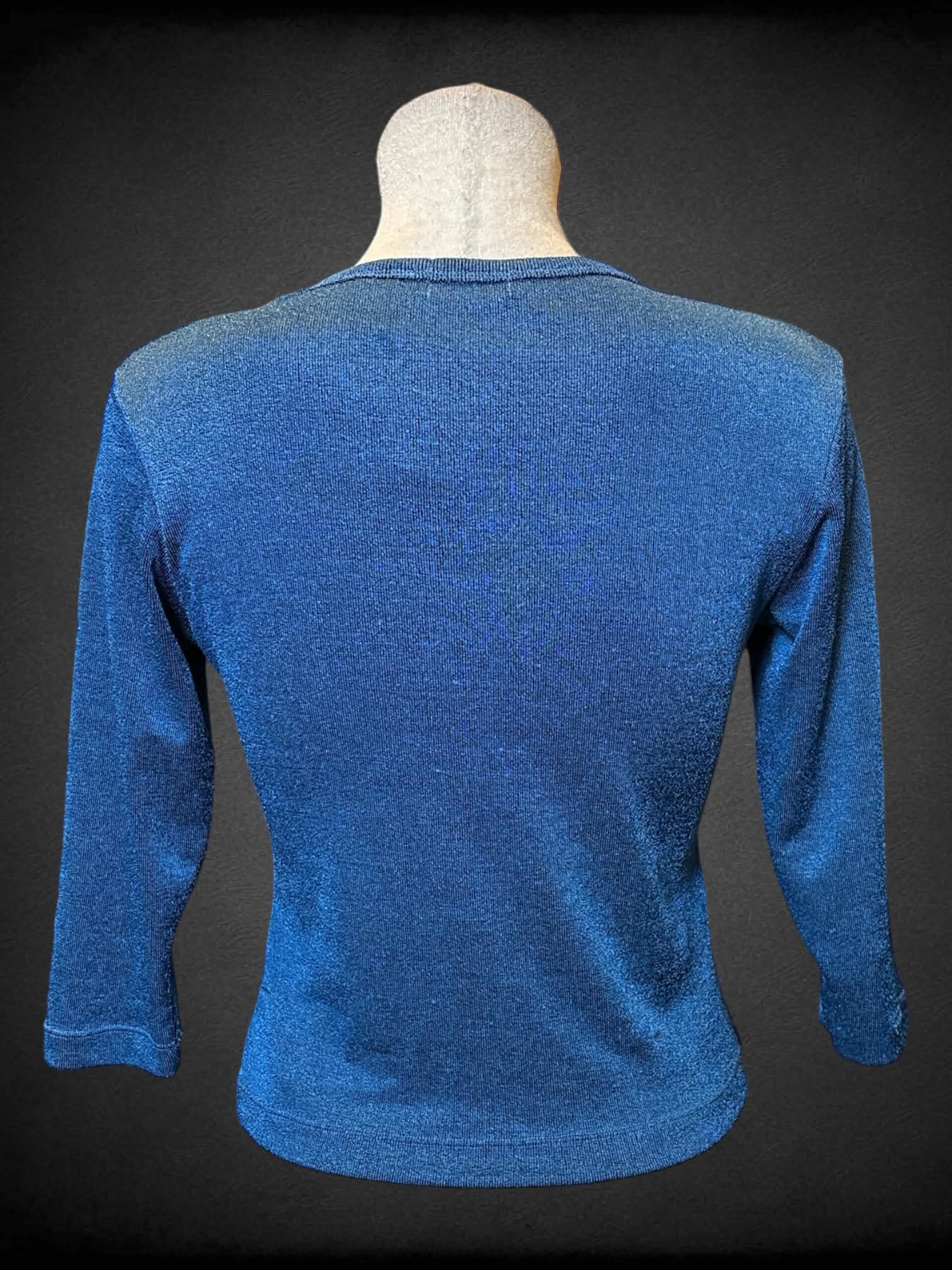 L Voice vintage blue metallic half sleeve stretchy knit top