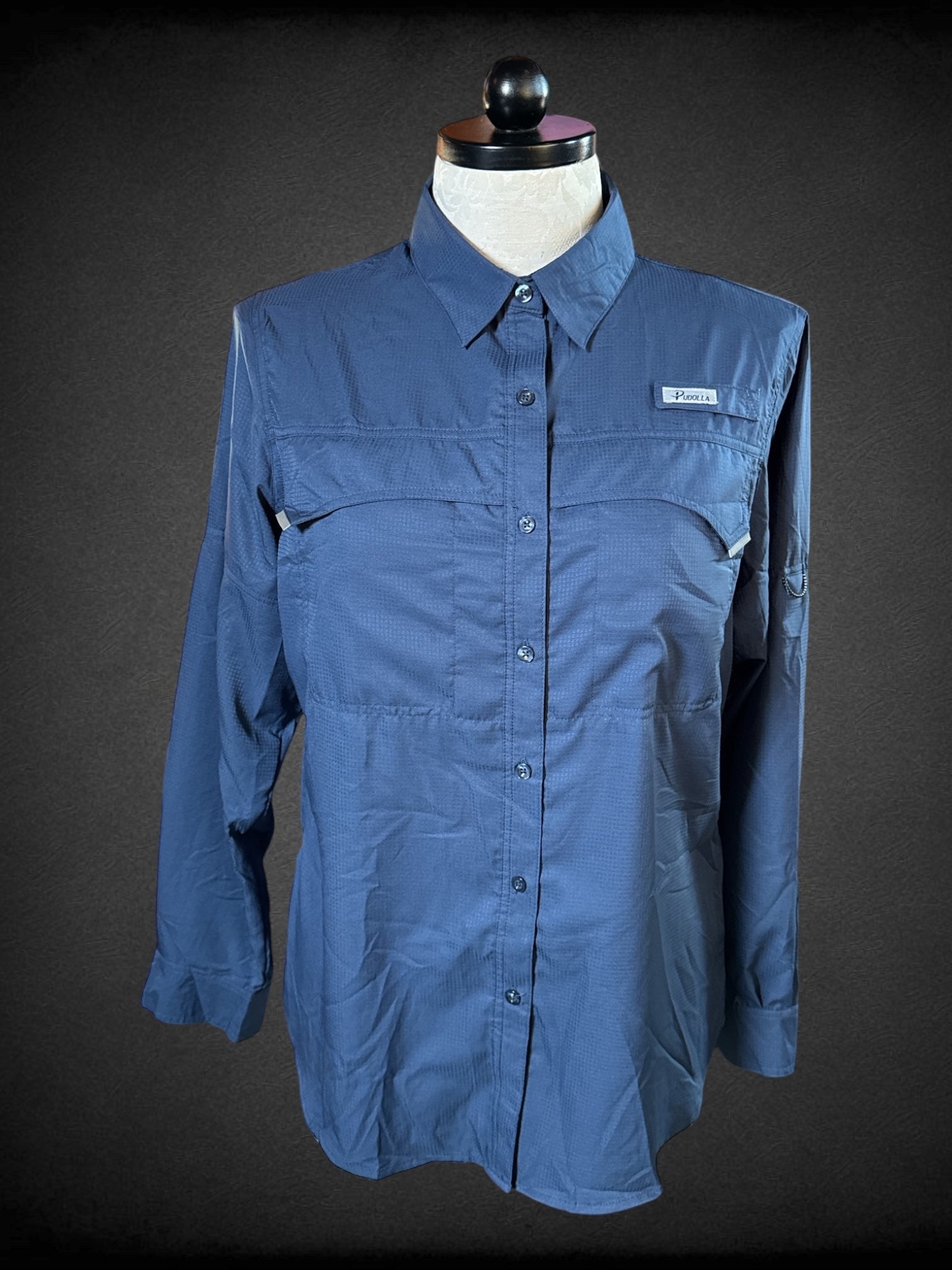1X NWT Pudolla navy blue long sleeve button up with two front Velcro pockets