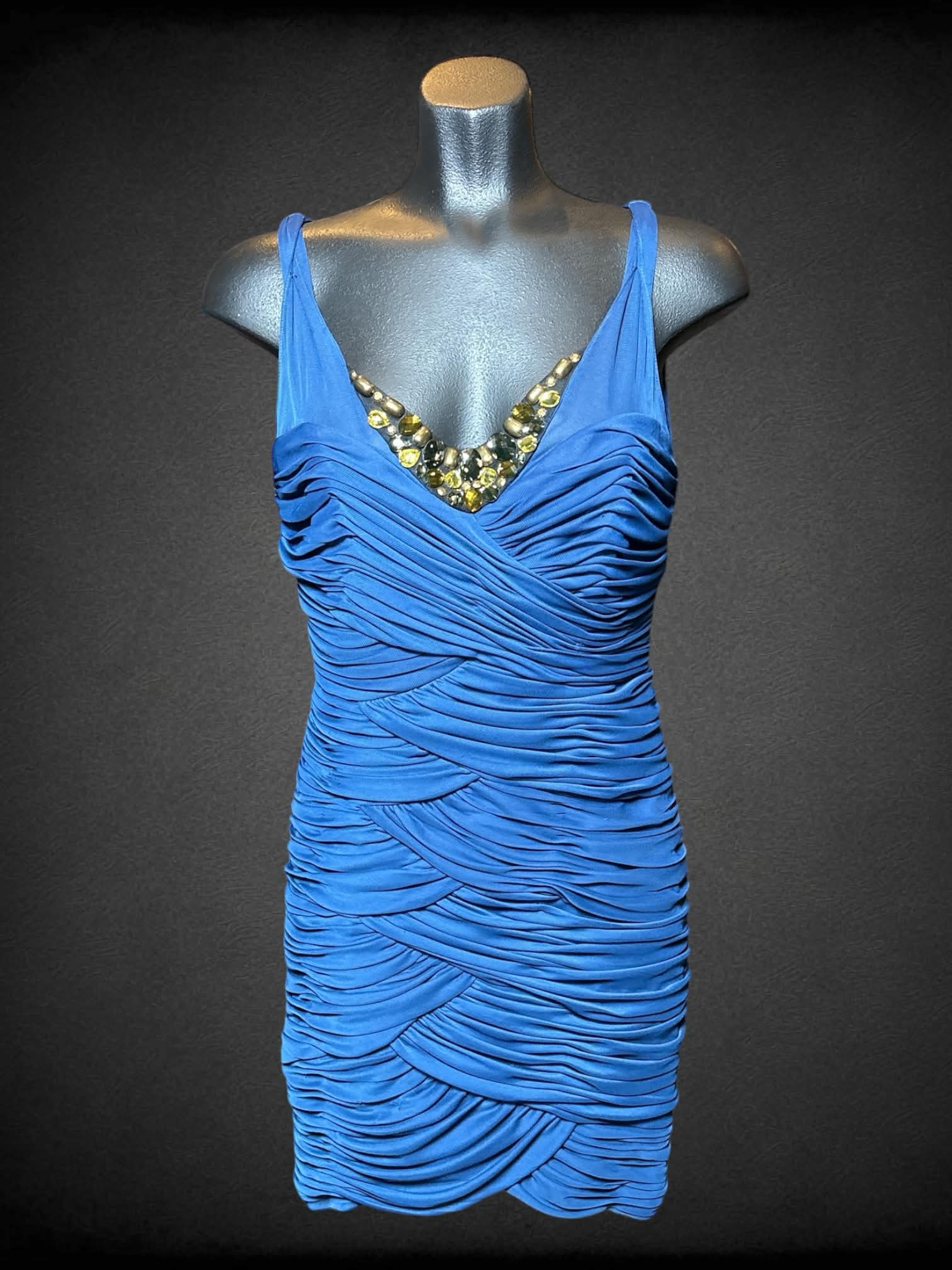M Alex Evenings vintage blue sleeveless dress with bedazzled neckline, zipper on back, and mesh ruffle pleated design