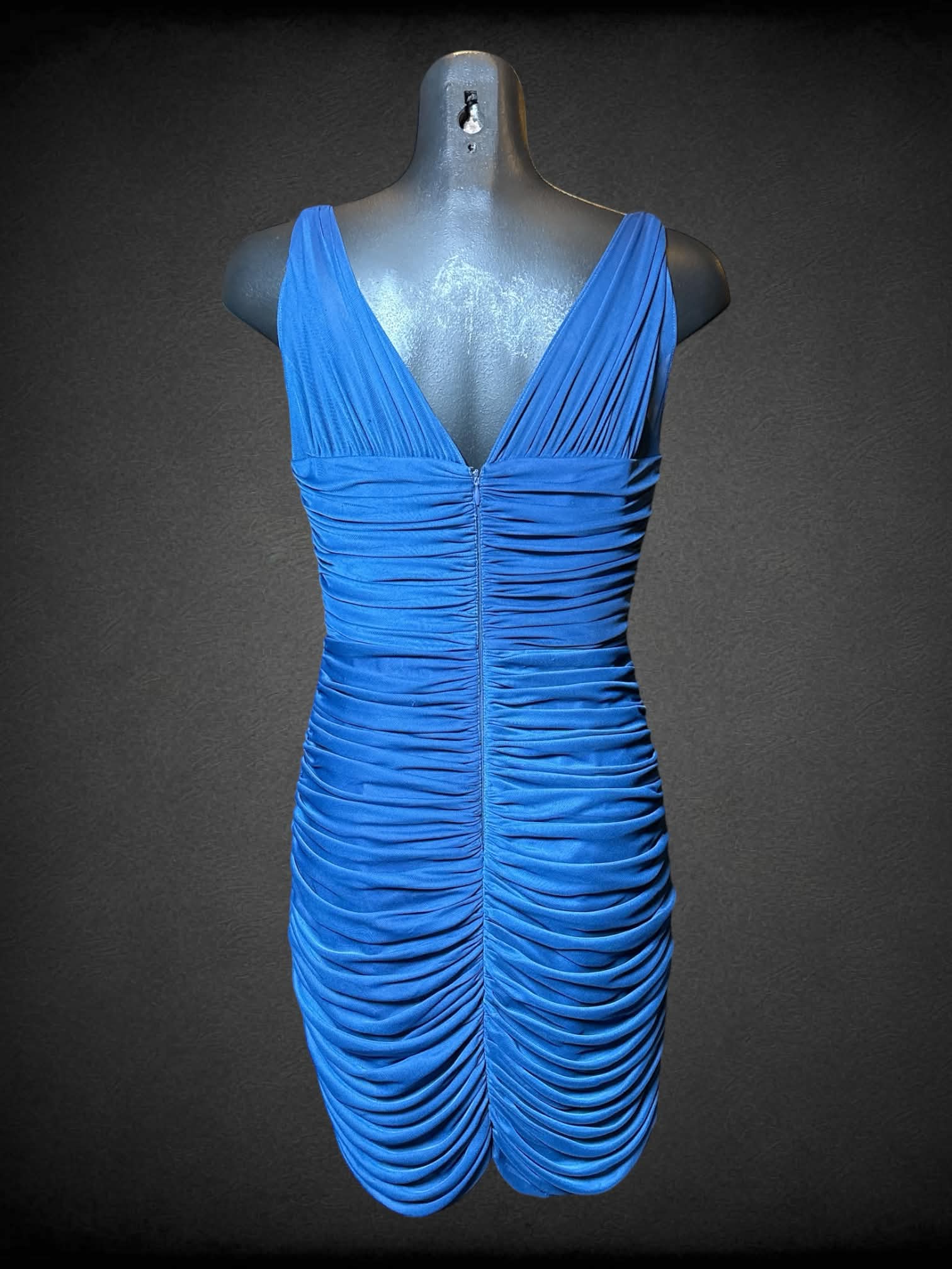 M Alex Evenings vintage blue sleeveless dress with bedazzled neckline, zipper on back, and mesh ruffle pleated design