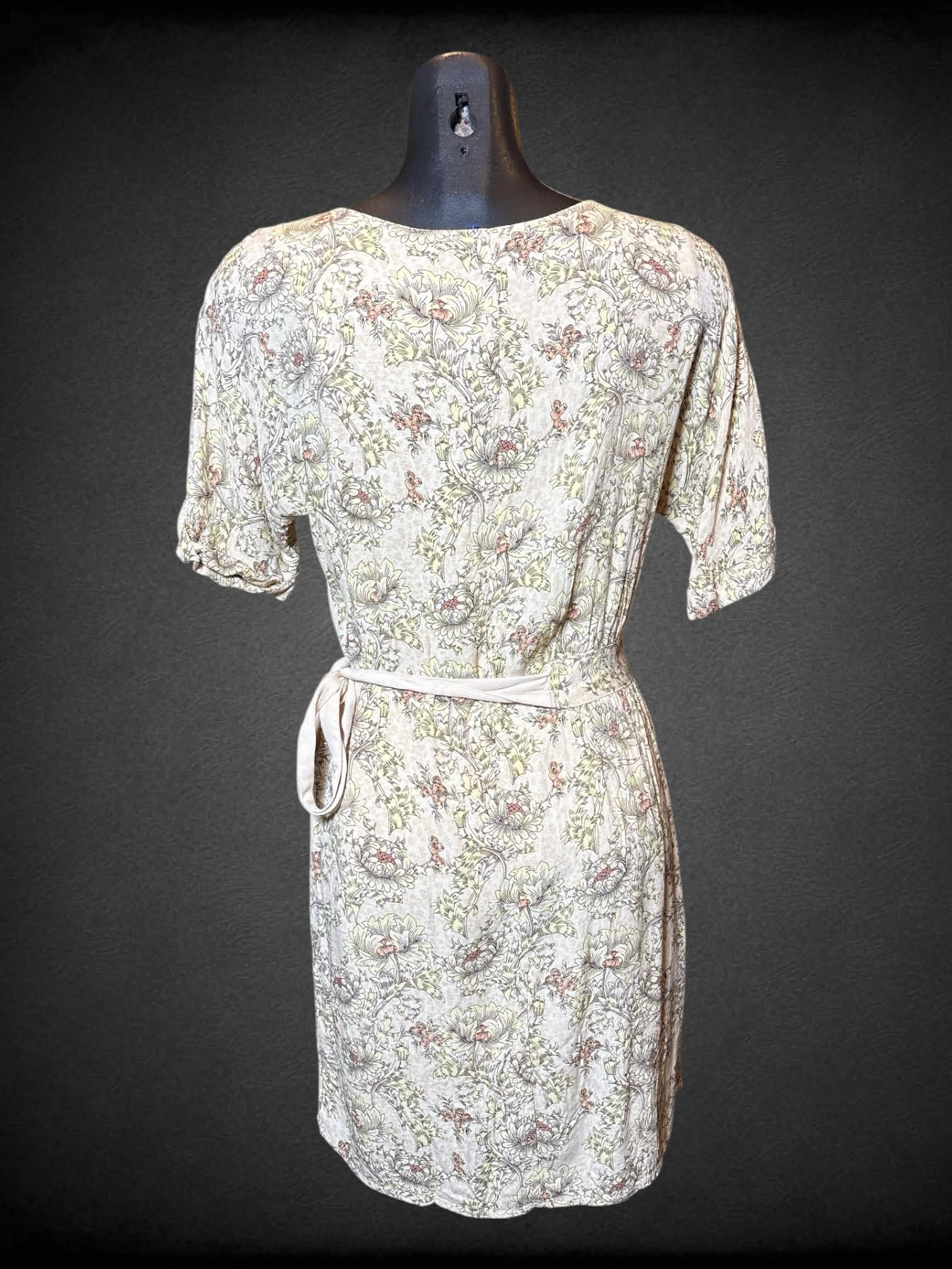 M Yaya Women beige short sleeve dress with yellow floral design, tie on side, and lining