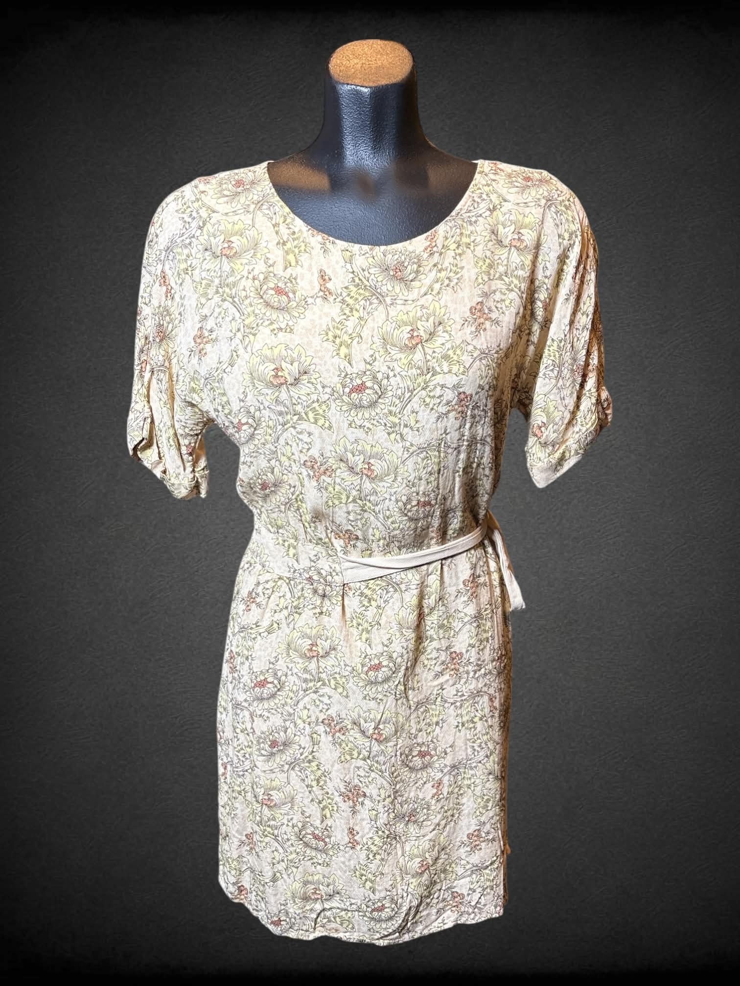 M Yaya Women beige short sleeve dress with yellow floral design, tie on side, and lining